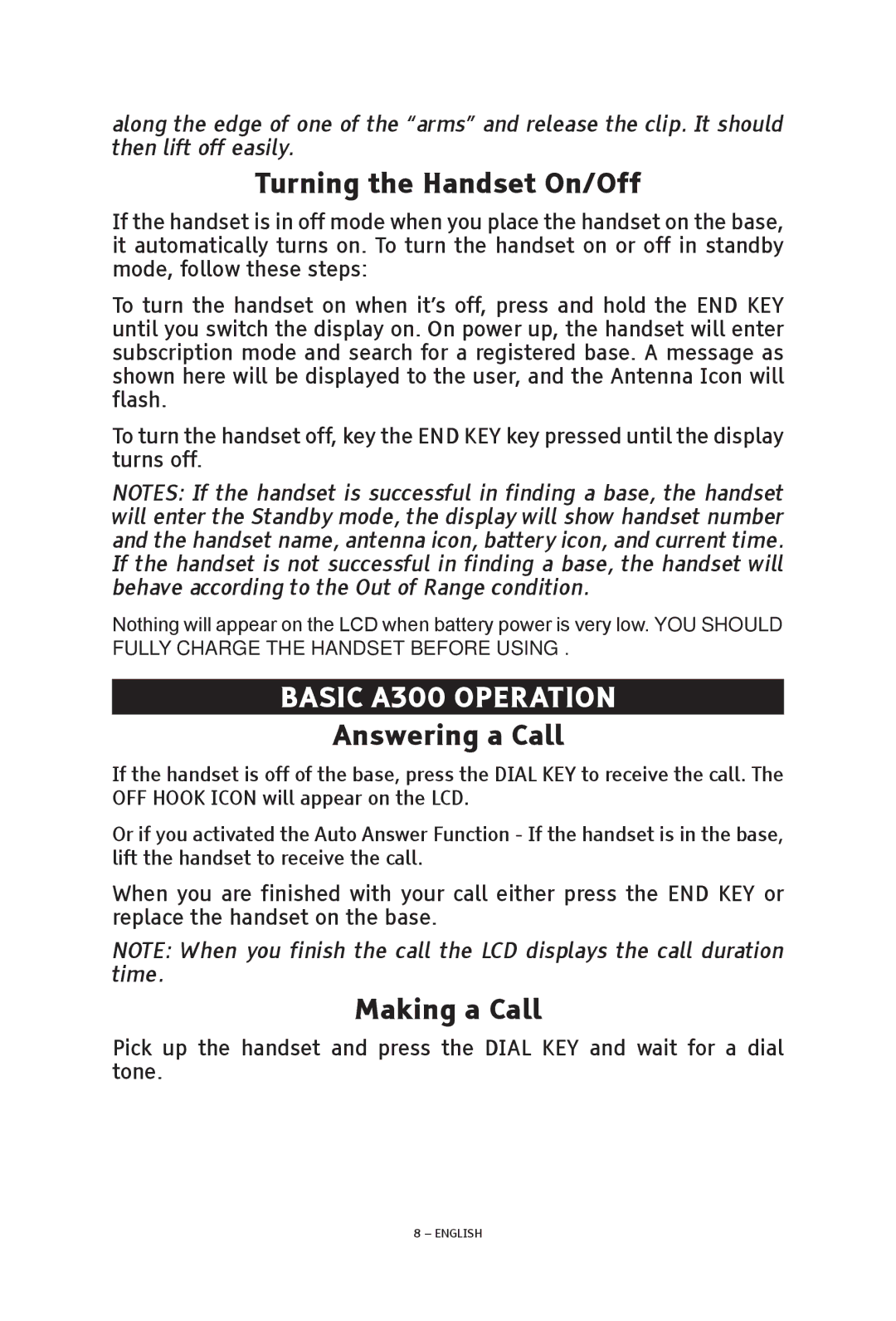 ClearSounds V508 manual Turning the Handset On/Off, Basic A300 Operation, Answering a Call, Making a Call 