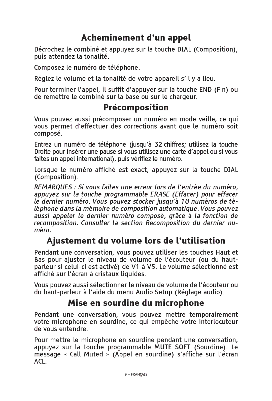 ClearSounds V508 manual Acheminement d’un appel, Précomposition, Ajustement du volume lors de l’utilisation 