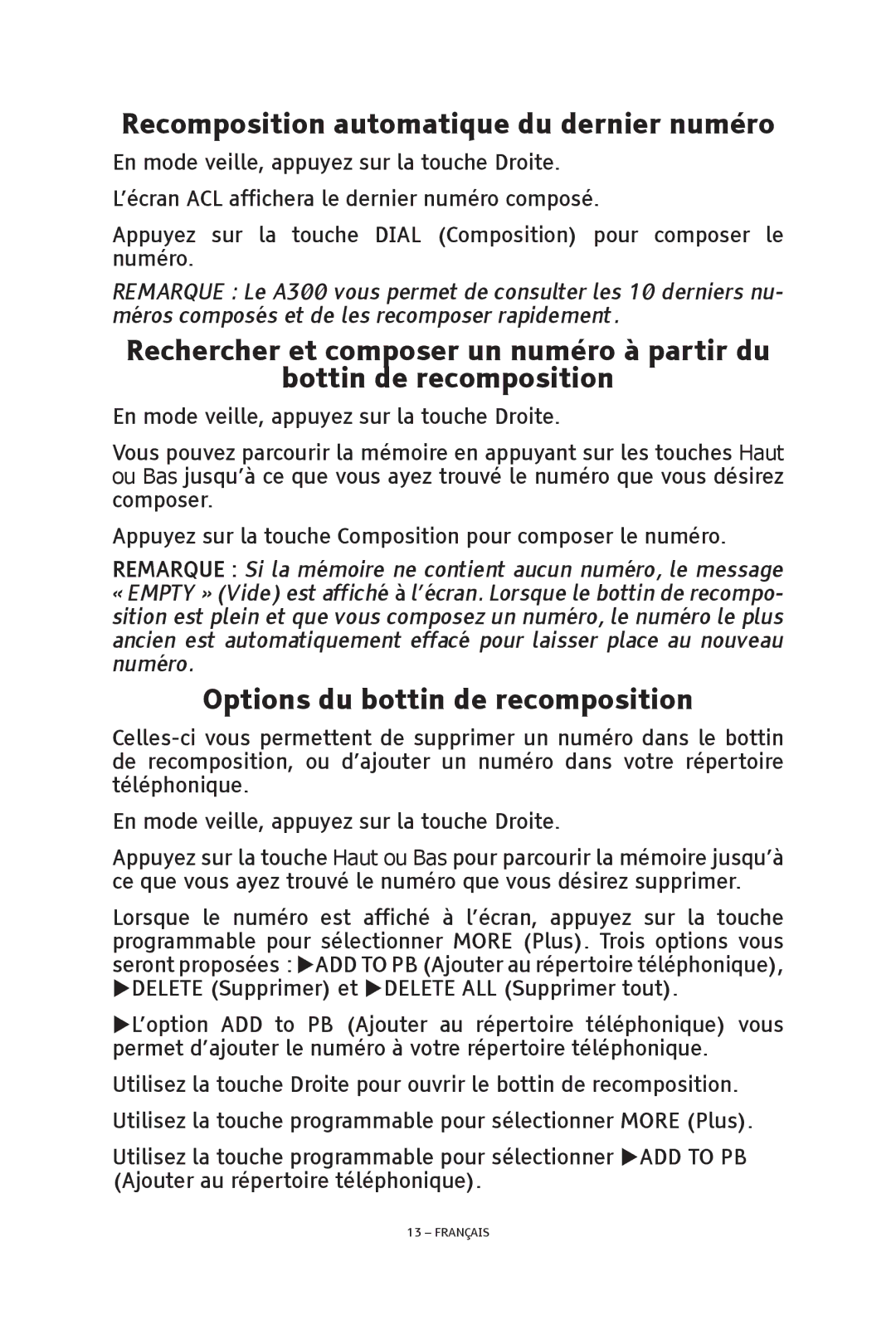 ClearSounds V508 manual Recomposition automatique du dernier numéro, Options du bottin de recomposition 