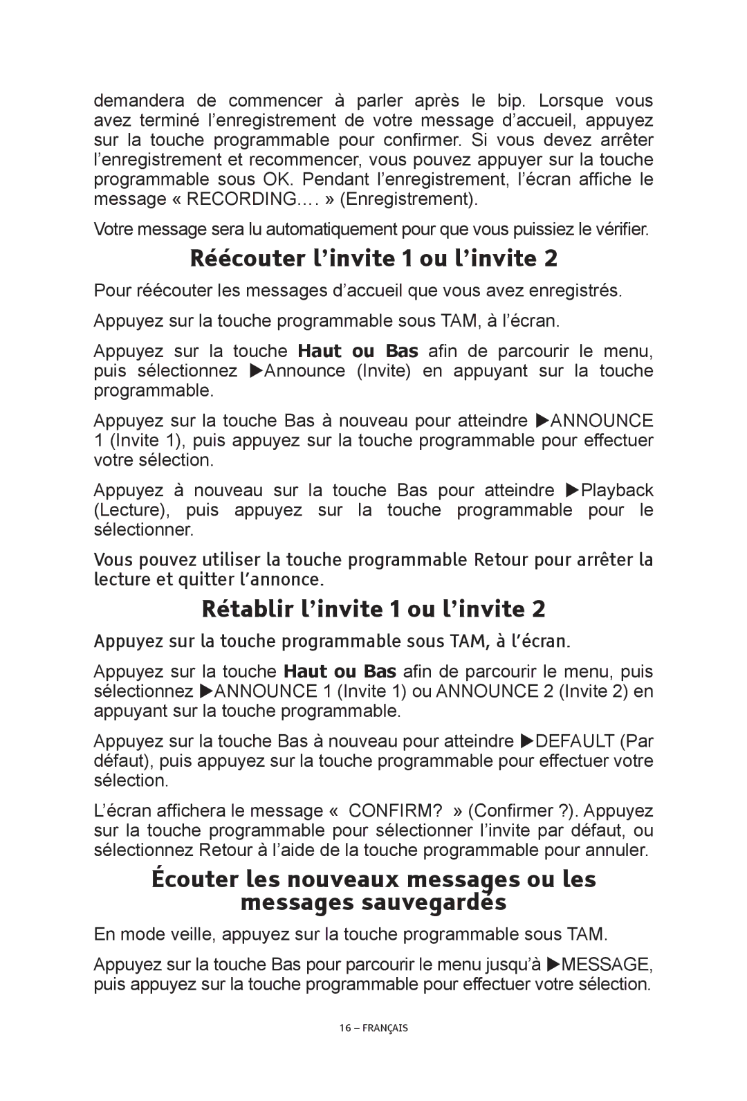 ClearSounds V508 manual Réécouter l’invite 1 ou l’invite, Rétablir l’invite 1 ou l’invite 