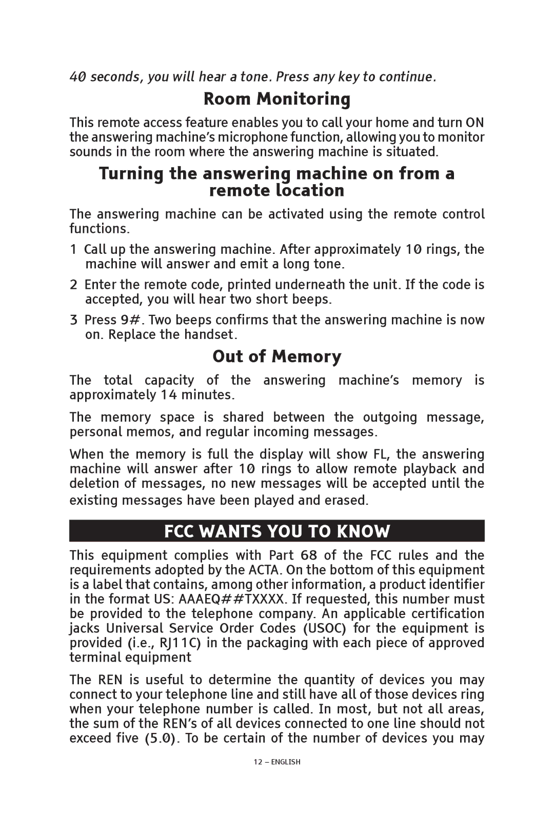 ClearSounds V608 manual Room Monitoring, Turning the answering machine on from a Remote location, Out of Memory 