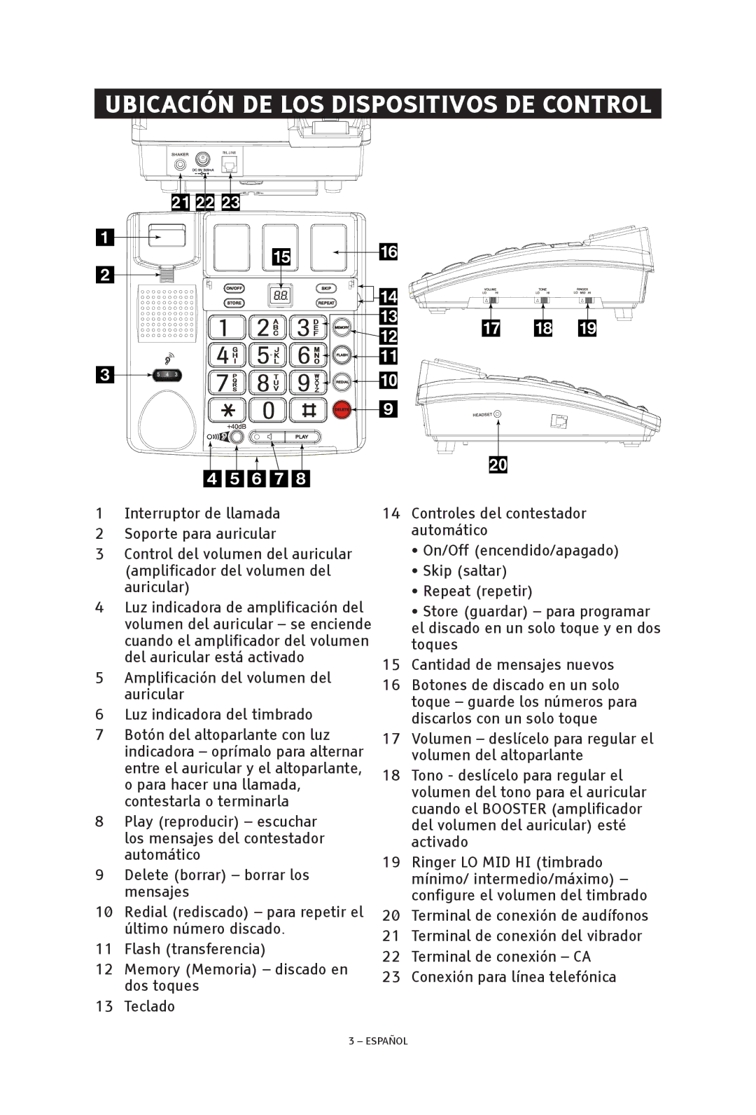 ClearSounds V608 manual Ubicación de los dispositivos de control 