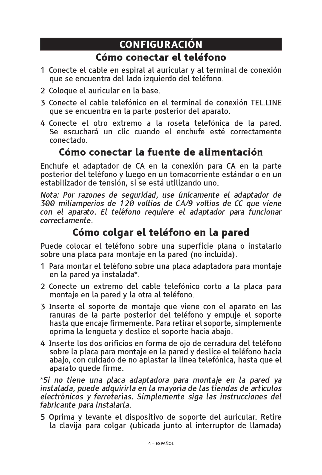 ClearSounds V608 manual Configuración, Cómo conectar el teléfono, Cómo conectar la fuente de alimentación 