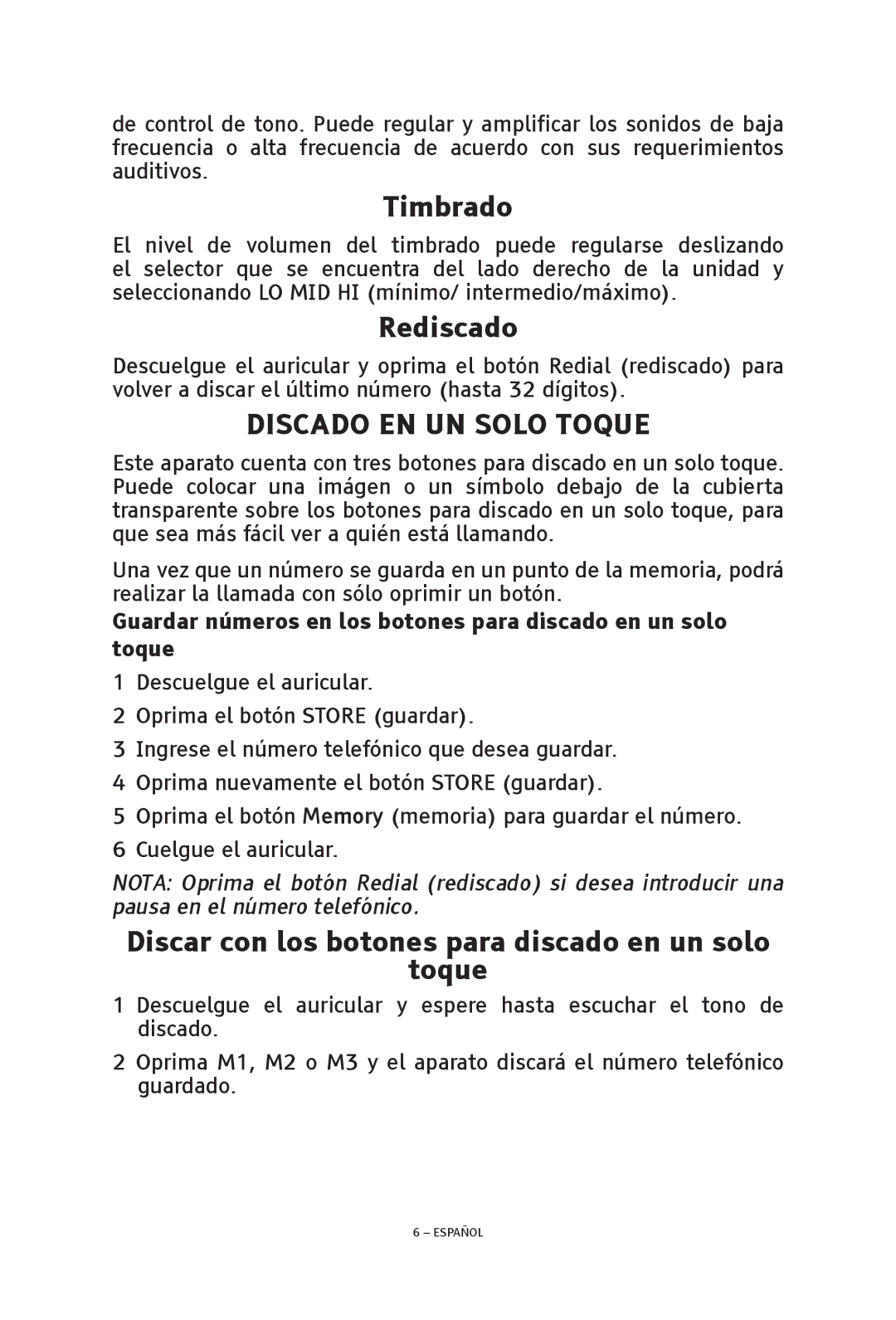 ClearSounds V608 manual Timbrado, Rediscado, Discar con los botones para discado en un solo Toque 