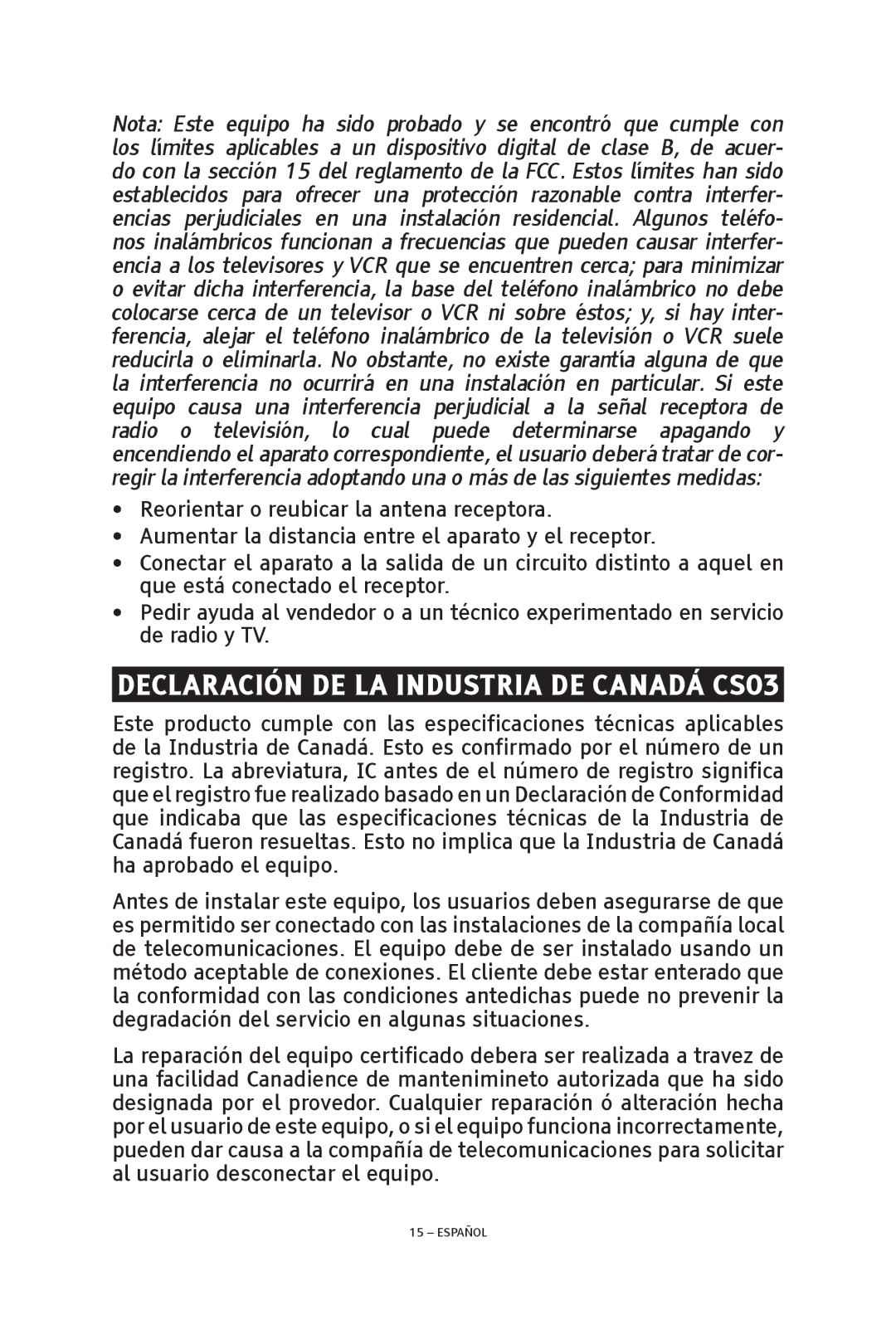 ClearSounds V608 manual Declaración de la Industria de Canadá CS03 