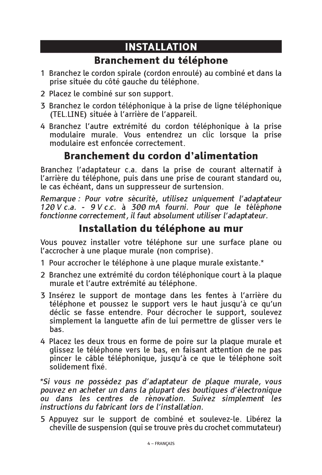 ClearSounds V608 manual Installation, Branchement du téléphone, Branchement du cordon d’alimentation 