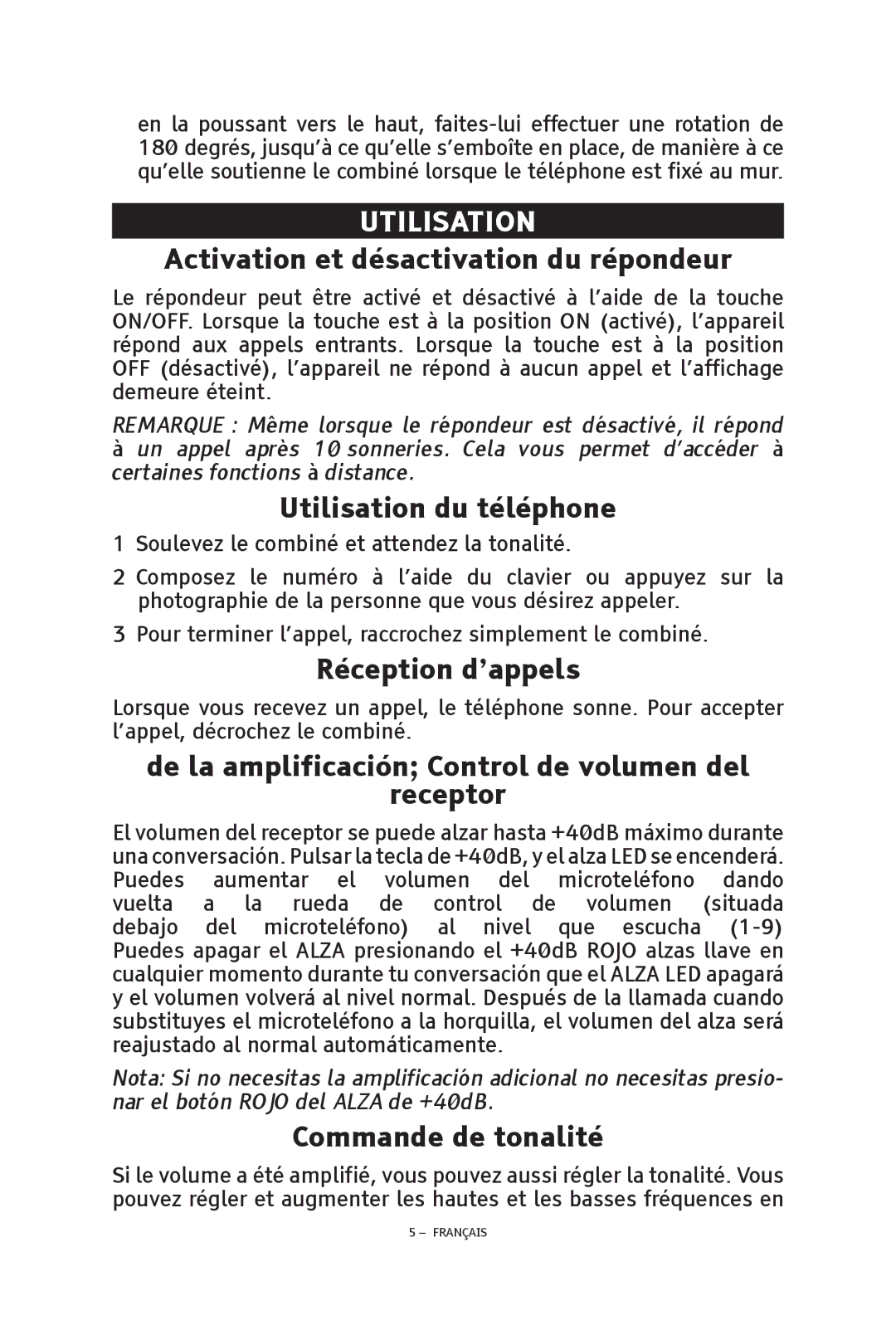 ClearSounds V608 manual Activation et désactivation du répondeur, Utilisation du téléphone, Réception d’appels 