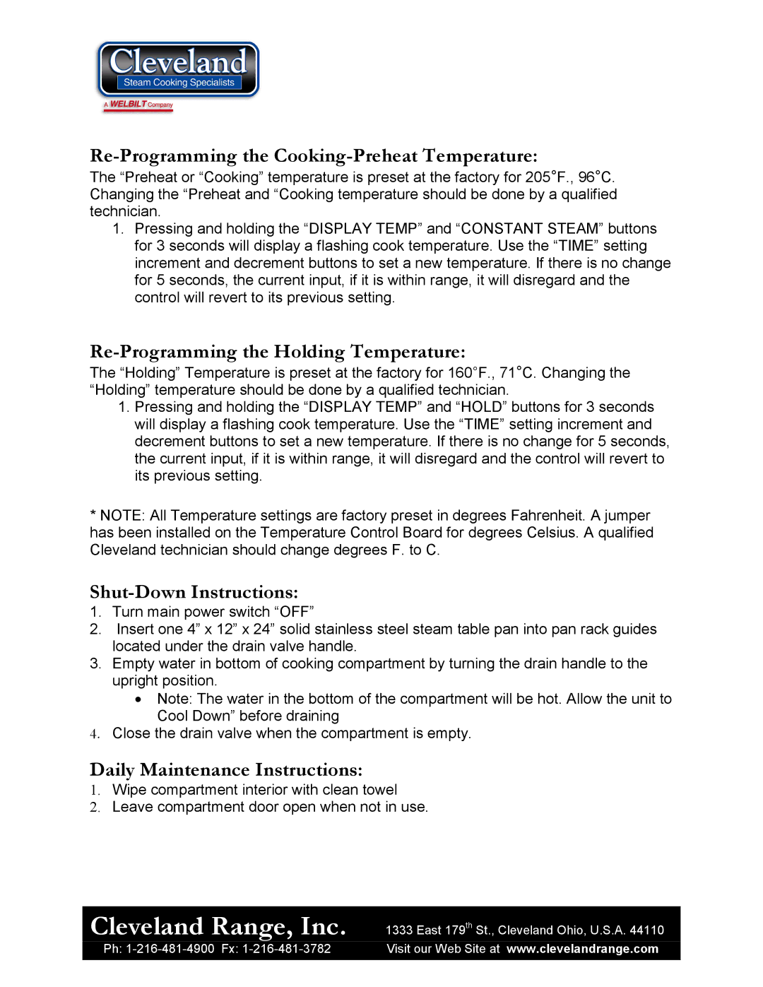 Cleveland Range 1SCE manual Re-Programming the Cooking-Preheat Temperature, Re-Programming the Holding Temperature 