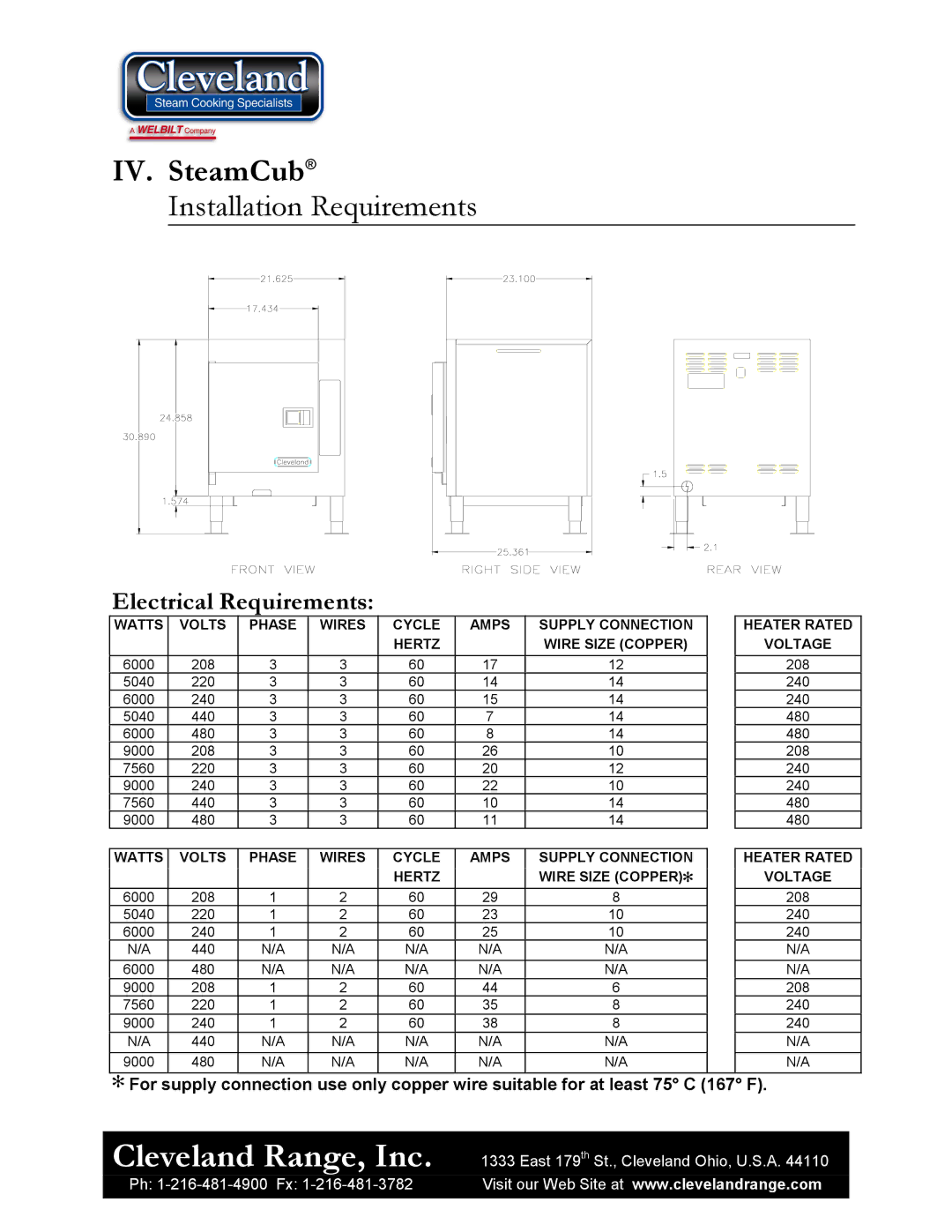 Cleveland Range 1SCE manual IV. SteamCub, Installation Requirements, Electrical Requirements 