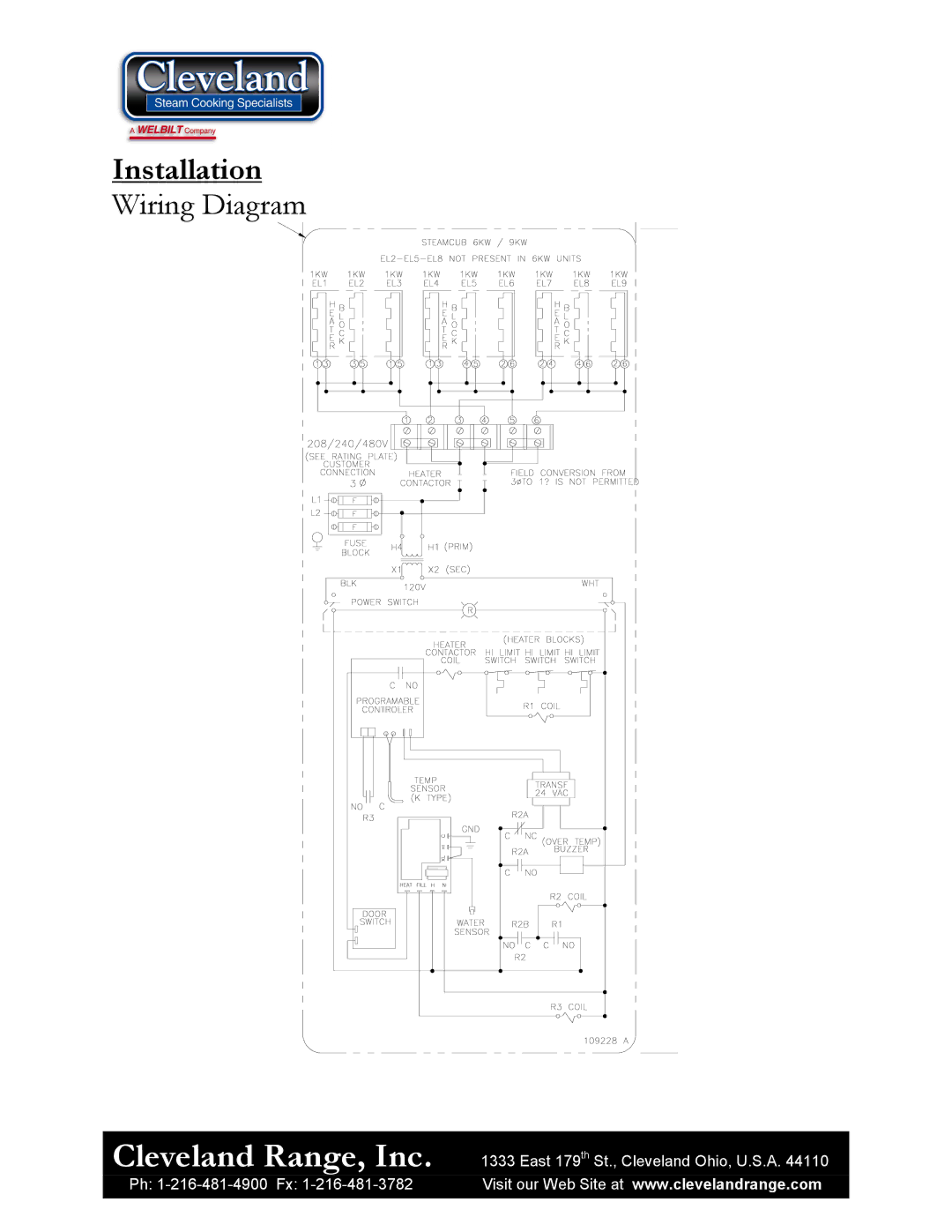 Cleveland Range 1SCE manual Installation, Wiring Diagram 