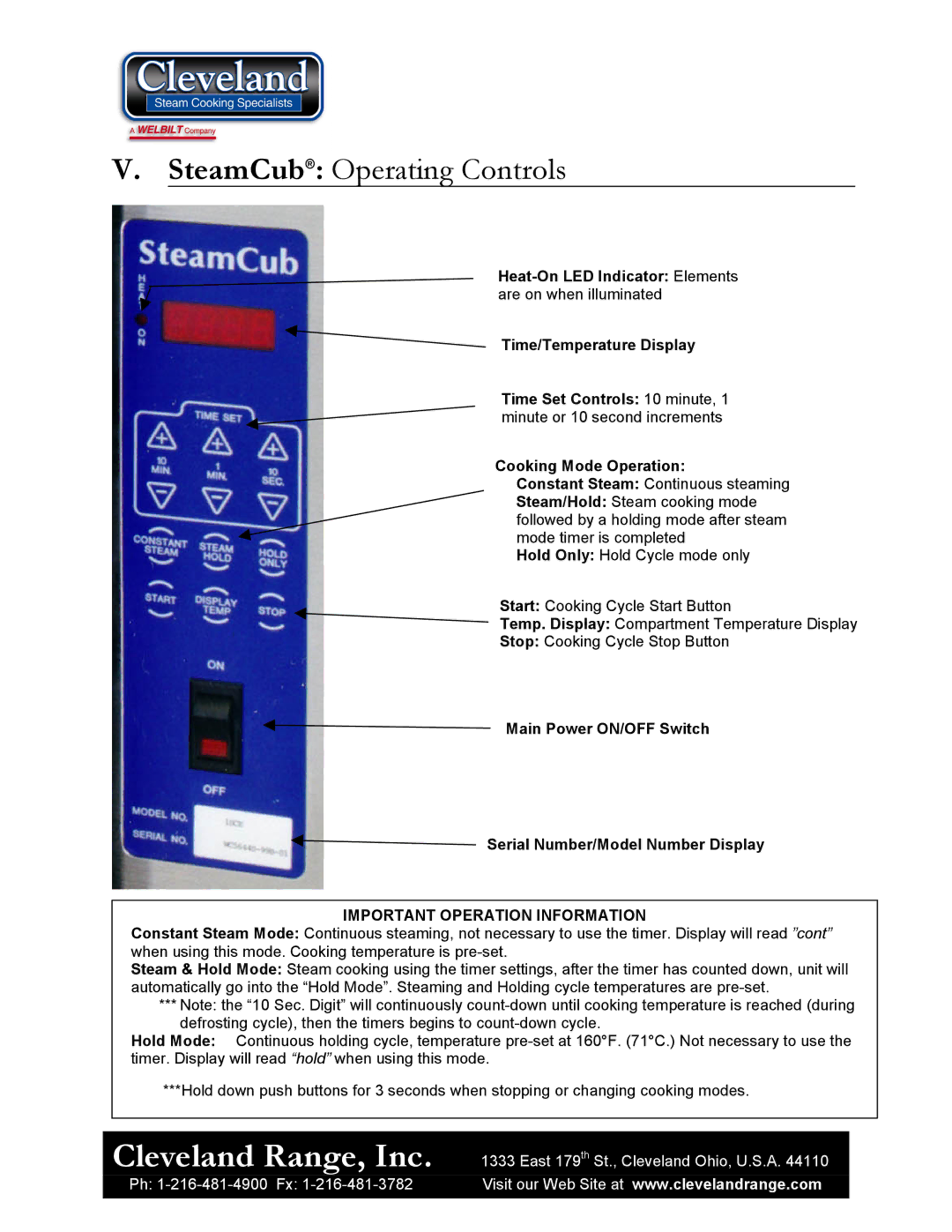 Cleveland Range 1SCE manual SteamCub Operating Controls, Important Operation Information 