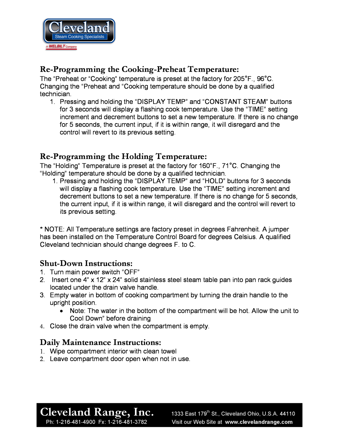 Cleveland Range 1SCE manual Cleveland Range, Inc, Re-Programming the Cooking-Preheat Temperature, Shut-Down Instructions 