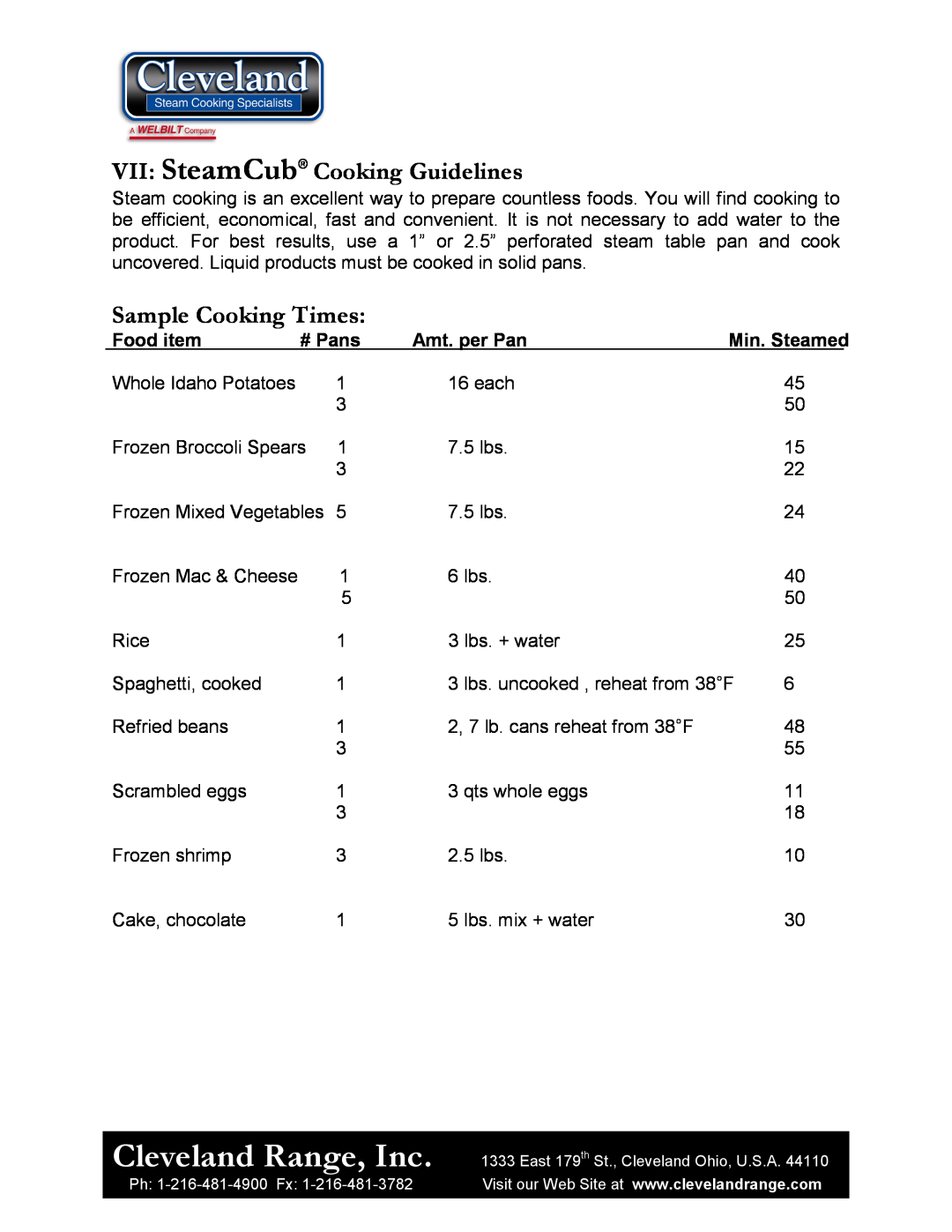 Cleveland Range 1SCE manual Cleveland Range, Inc, VII SteamCub Cooking Guidelines, Sample Cooking Times, Food item, # Pans 