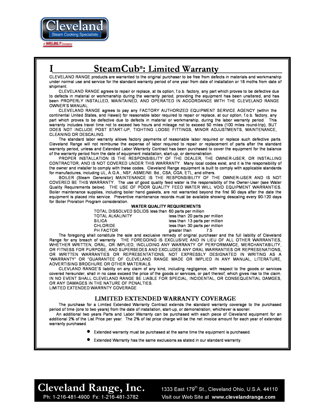 Cleveland Range 1SCE manual Cleveland Range, Inc, SteamCub Limited Warranty, Limited Extended Warranty Coverage 