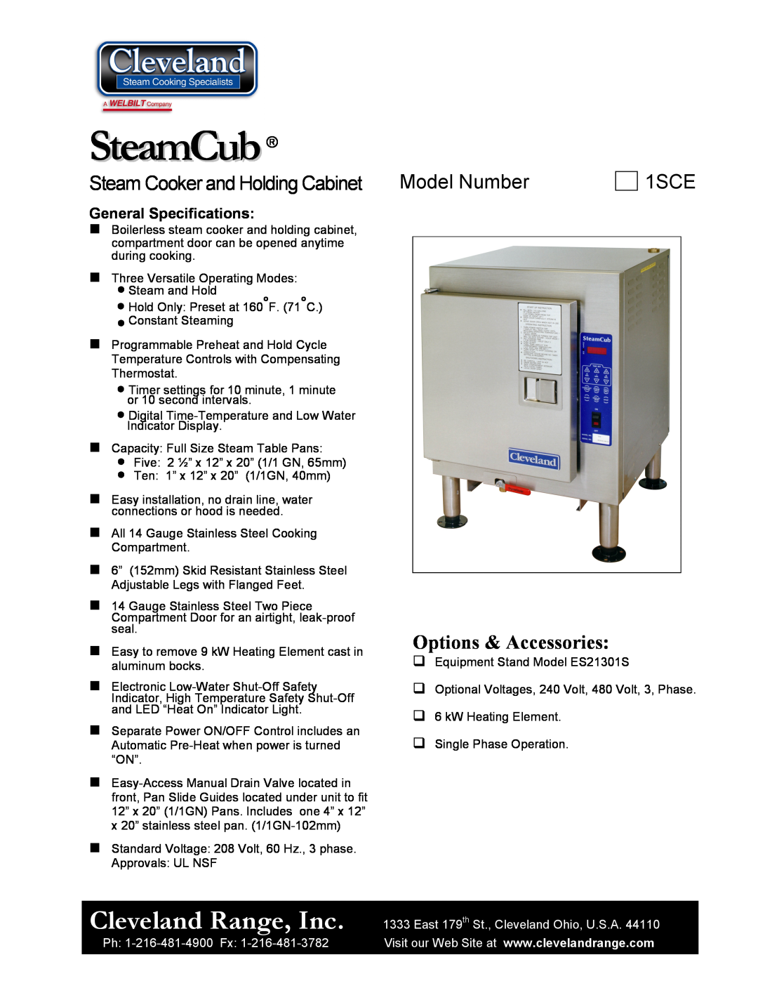 Cleveland Range 1SCE SteamCub, Cleveland Range, Inc, Model Number, Options & Accessories, Steam Cooker and Holding Cabinet 