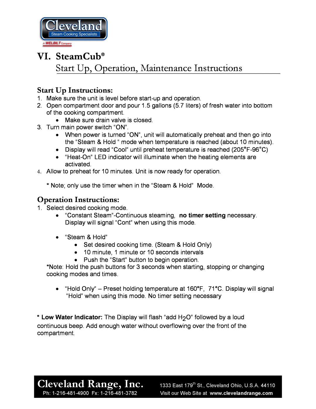 Cleveland Range 1SCE manual VI. SteamCub, Cleveland Range, Inc, Start Up, Operation, Maintenance Instructions 