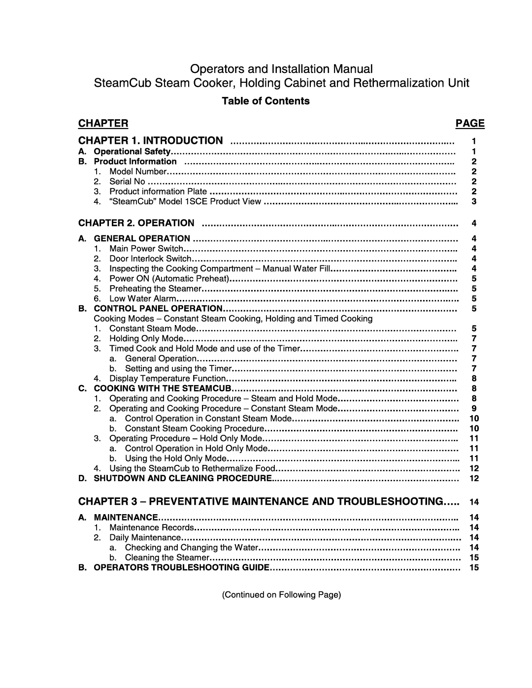 Cleveland Range 1SCEMCS, 1SCE-OPM manual 