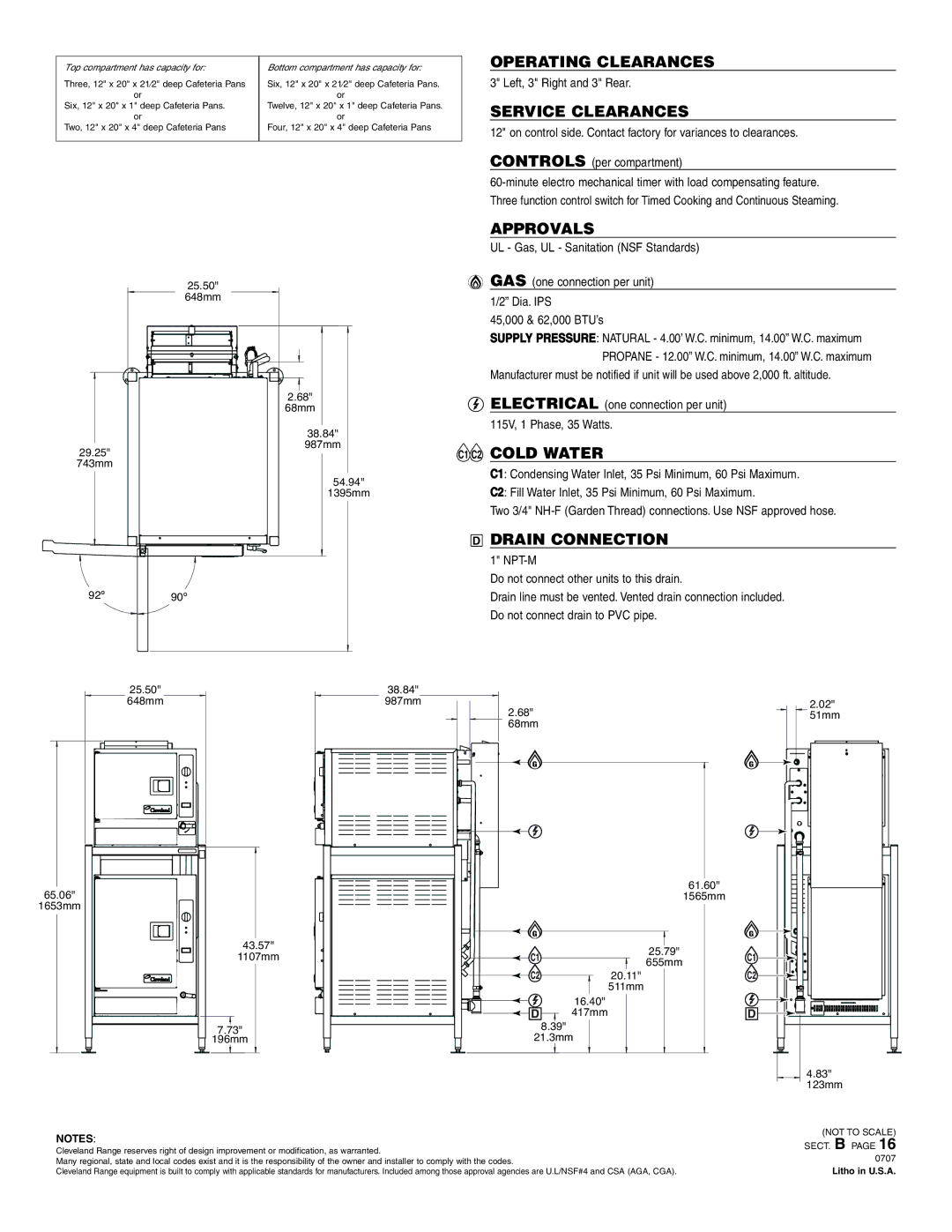 Cleveland Range (2) 22CGT3 specifications Service Clearances, Approvals, Cold Water, Drain Connection 