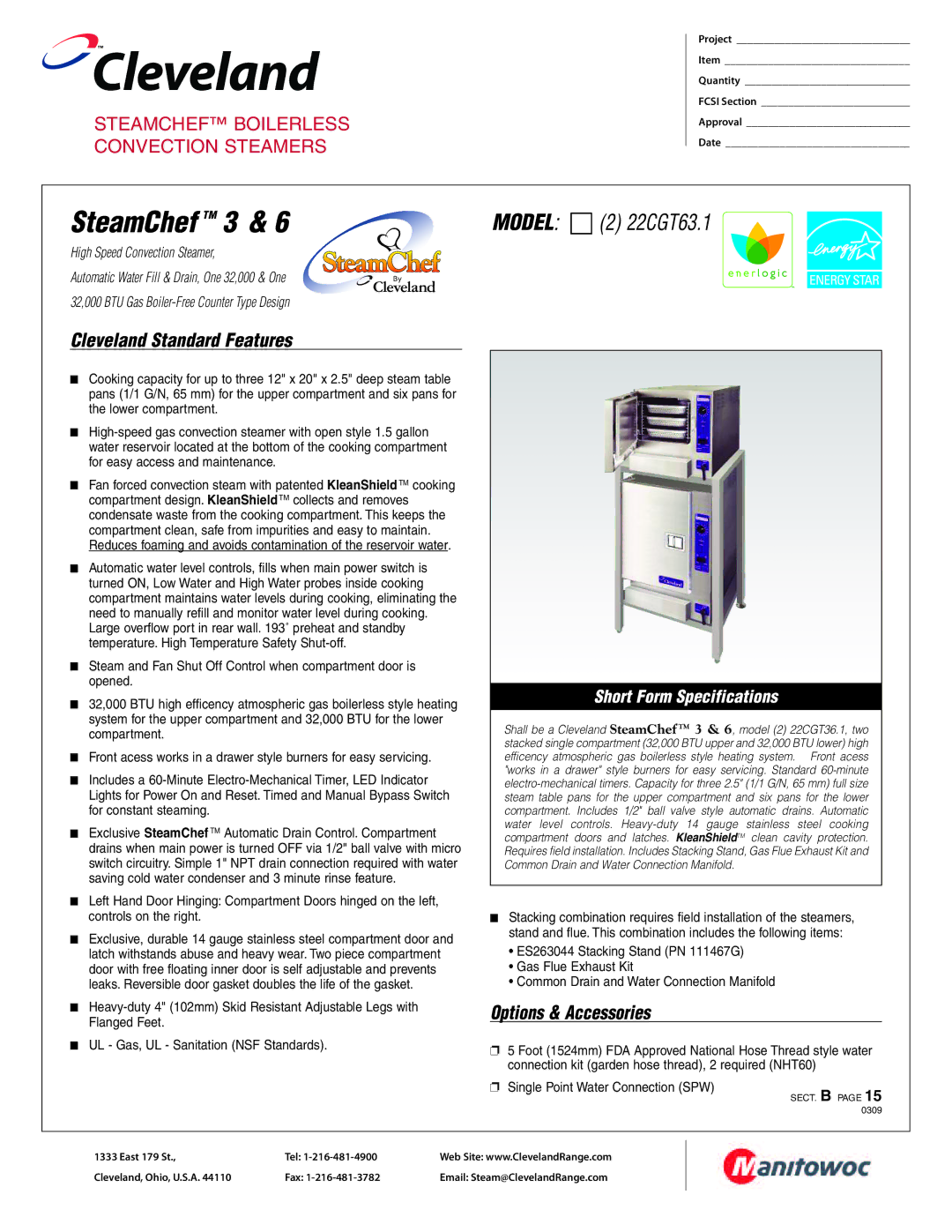 Cleveland Range (2) 22CGT36.1 specifications Cleveland Standard Features, Options & Accessories 