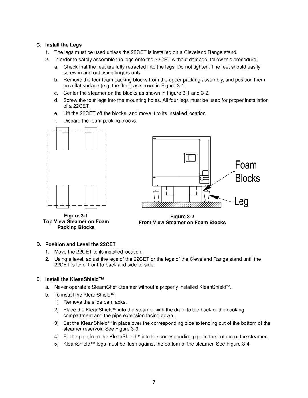 Cleveland Range 22CET3.1, 22CET6.1 Install the Legs, Packing Blocks Position and Level the 22CET, Install the KleanShield 