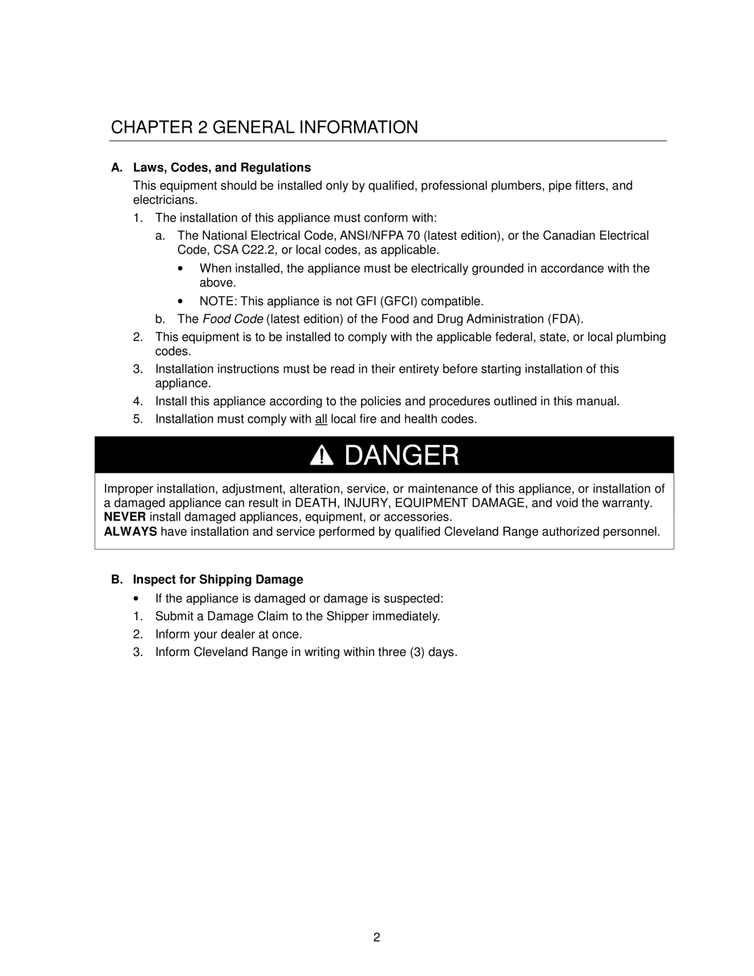 Cleveland Range 22CET6.1, 22CET3.1 General Information, Laws, Codes, and Regulations, Inspect for Shipping Damage 