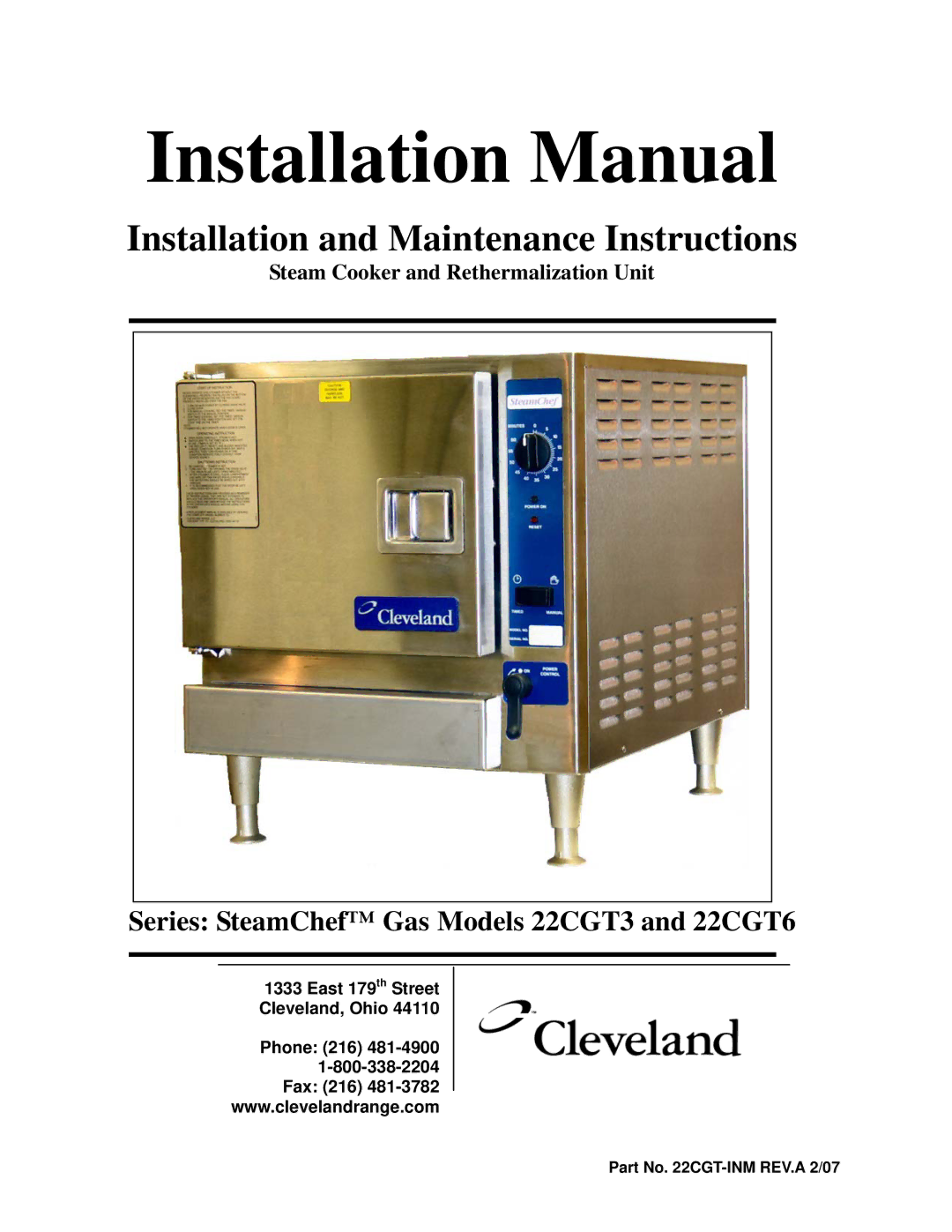 Cleveland Range 22CGT6, 22CGT3 installation manual Installation Manual, Part No CGT-INM REV.A 2/07 