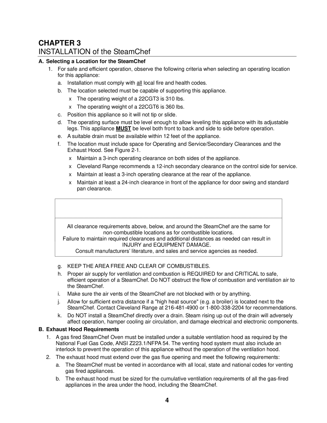Cleveland Range 22CGT3, 22CGT6 installation manual Selecting a Location for the SteamChef, Exhaust Hood Requirements 