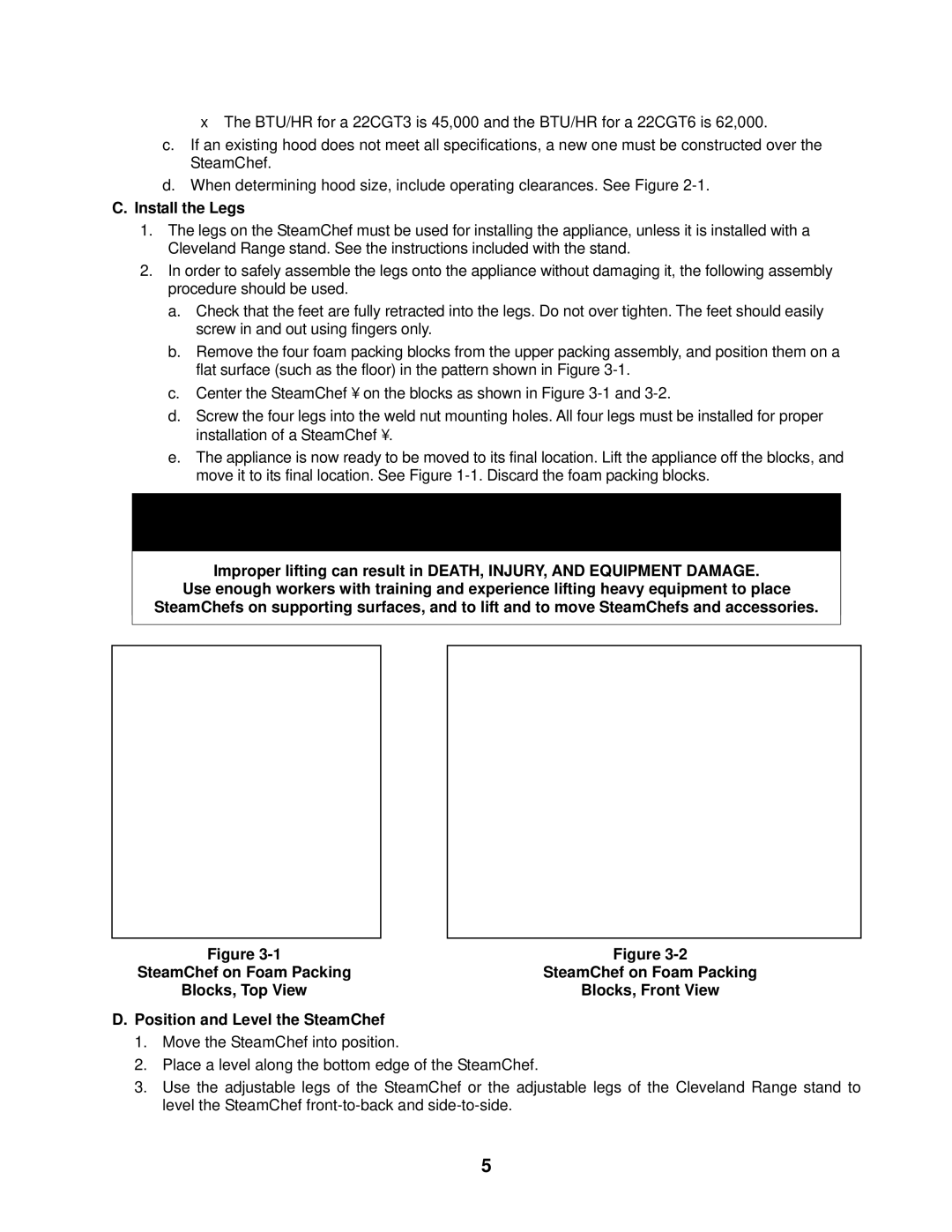 Cleveland Range 22CGT6, 22CGT3 installation manual Install the Legs, Blocks, Front View, Position and Level the SteamChef 