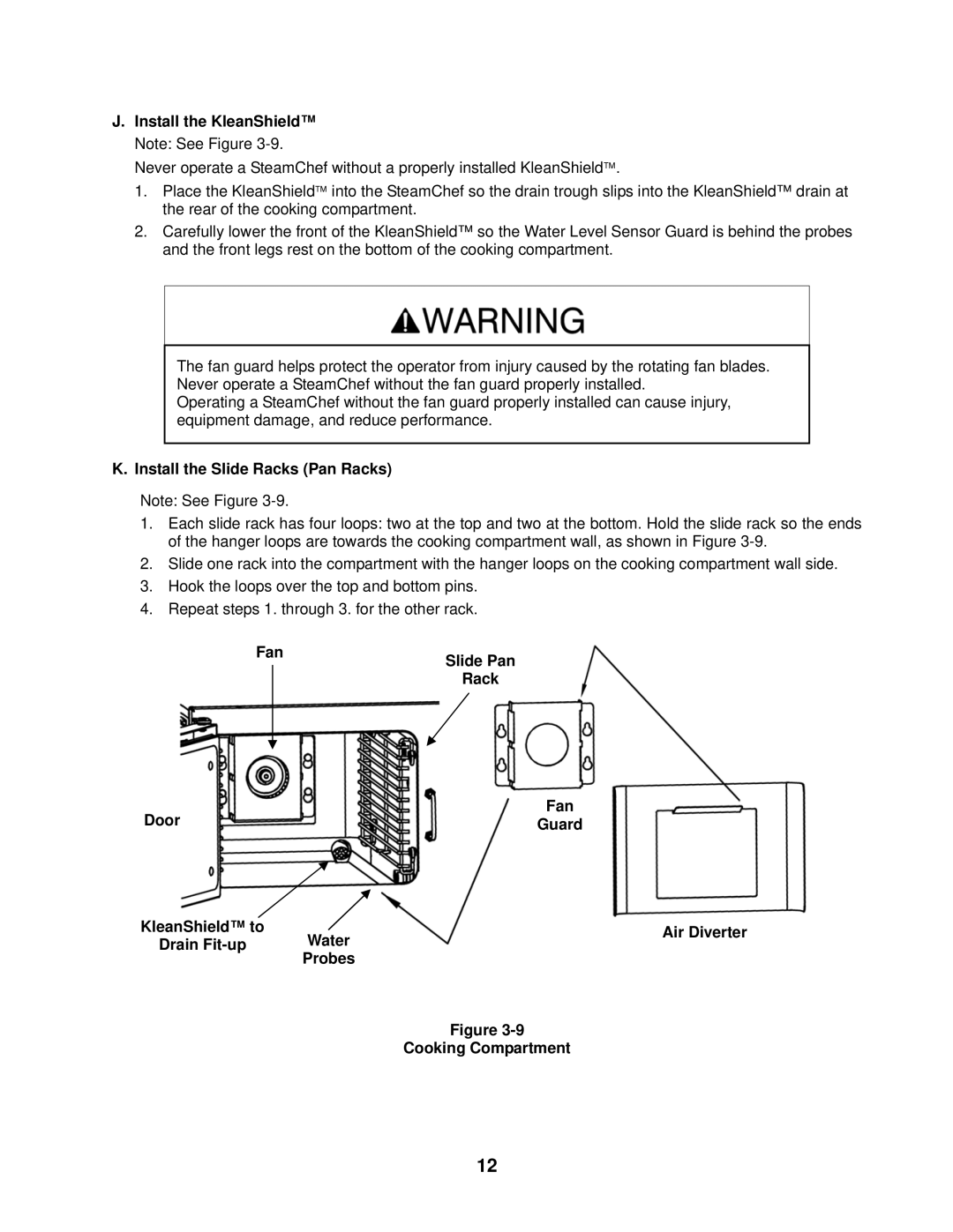 Cleveland Range 22CGT3 Install the KleanShield Note See Figure, Install the Slide Racks Pan Racks, Fan, Door, Guard 