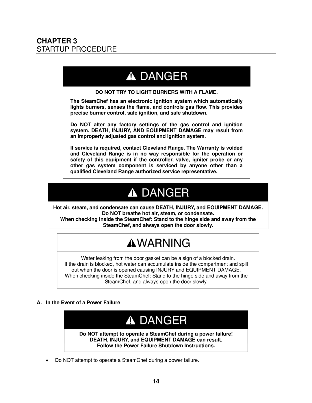 Cleveland Range 22CGT3, 22CGT6 installation manual Startup Procedure, Do not TRY to Light Burners with a Flame 