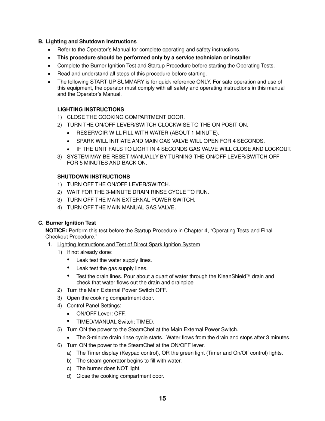 Cleveland Range 22CGT6, 22CGT3 Lighting and Shutdown Instructions, Lighting Instructions, Burner Ignition Test 