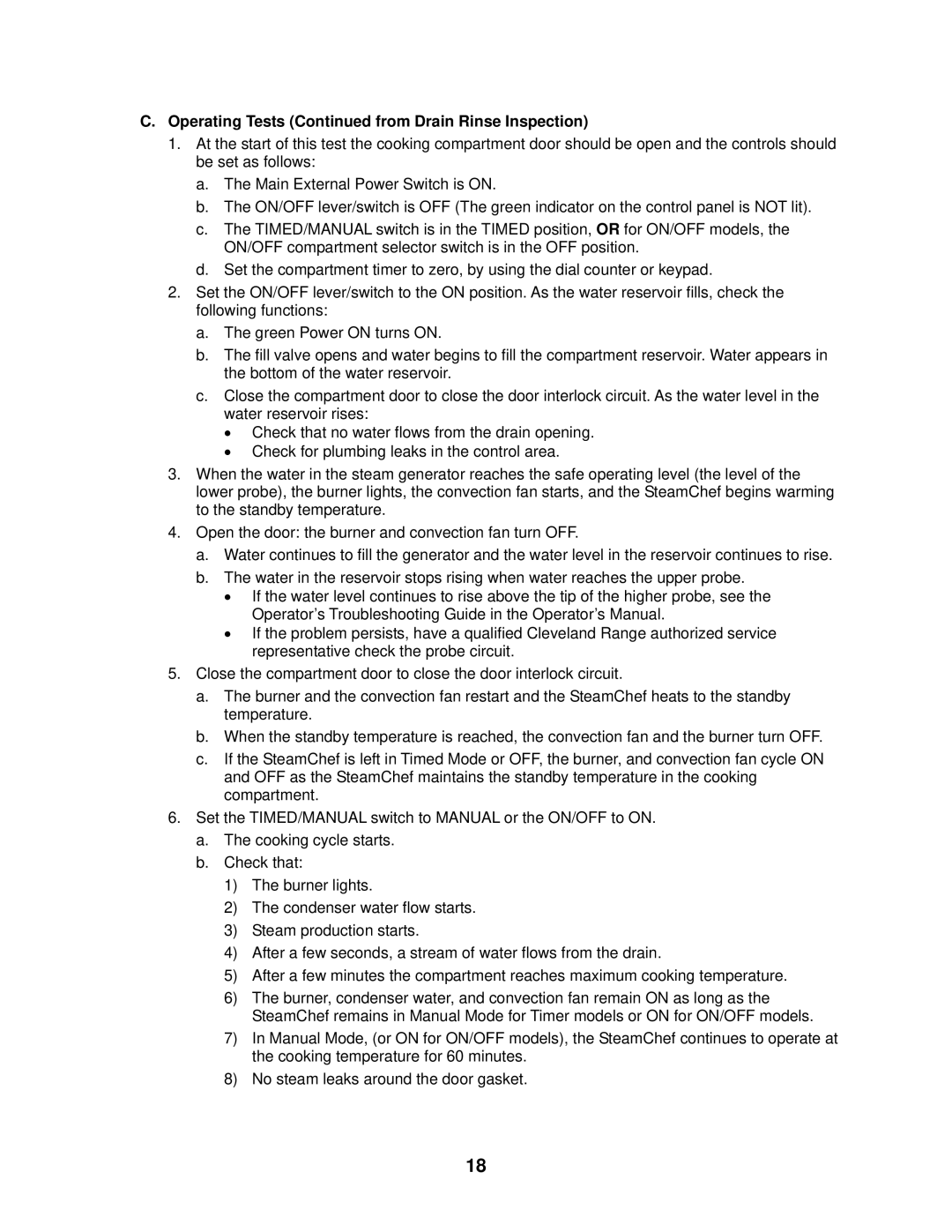 Cleveland Range 22CGT3, 22CGT6 installation manual Operating Tests from Drain Rinse Inspection 