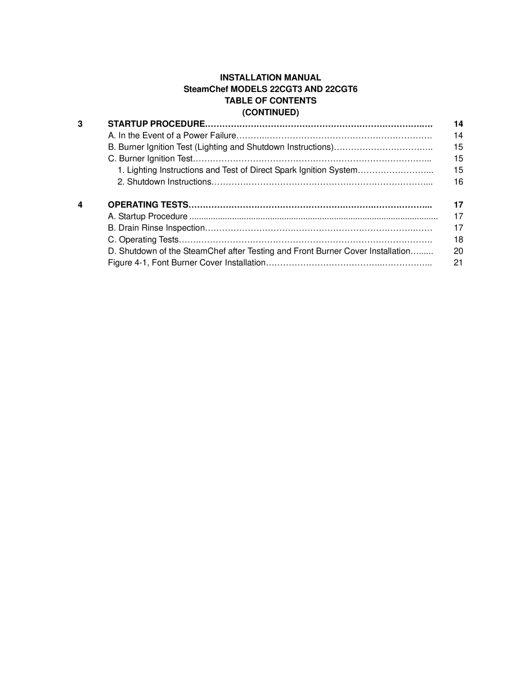 Cleveland Range installation manual SteamChef Models 22CGT3 and 22CGT6, Startup PROCEDURE………………………………………………………………….… 