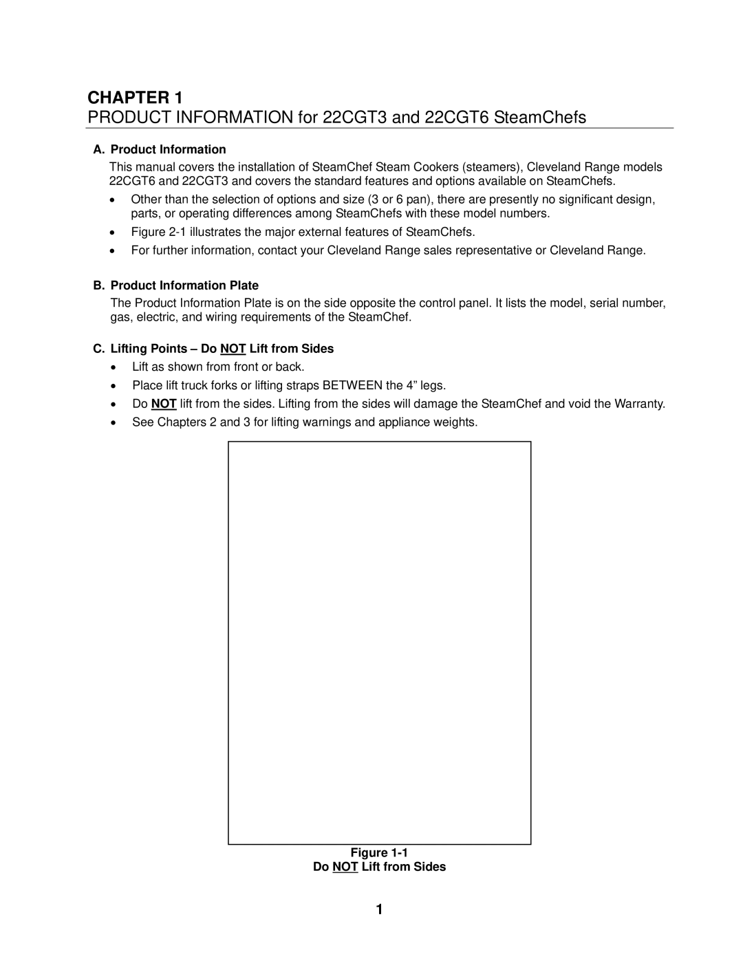 Cleveland Range 22CGT6, 22CGT3 installation manual Product Information Plate, Lifting Points Do not Lift from Sides 