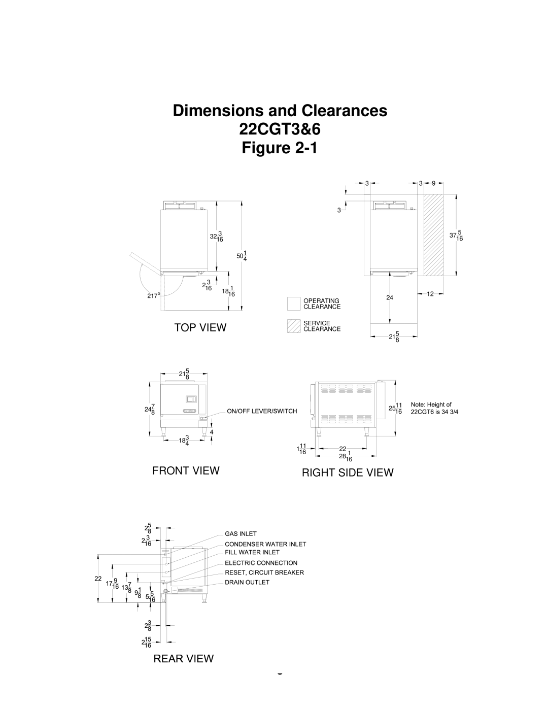 Cleveland Range 22CGT6 installation manual Dimensions and Clearances 22CGT3&6 