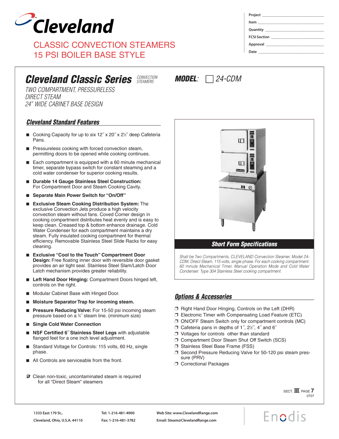 Cleveland Range 24-CDM specifications Cleveland Standard Features, Options & Accessories, Single Cold Water Connection 