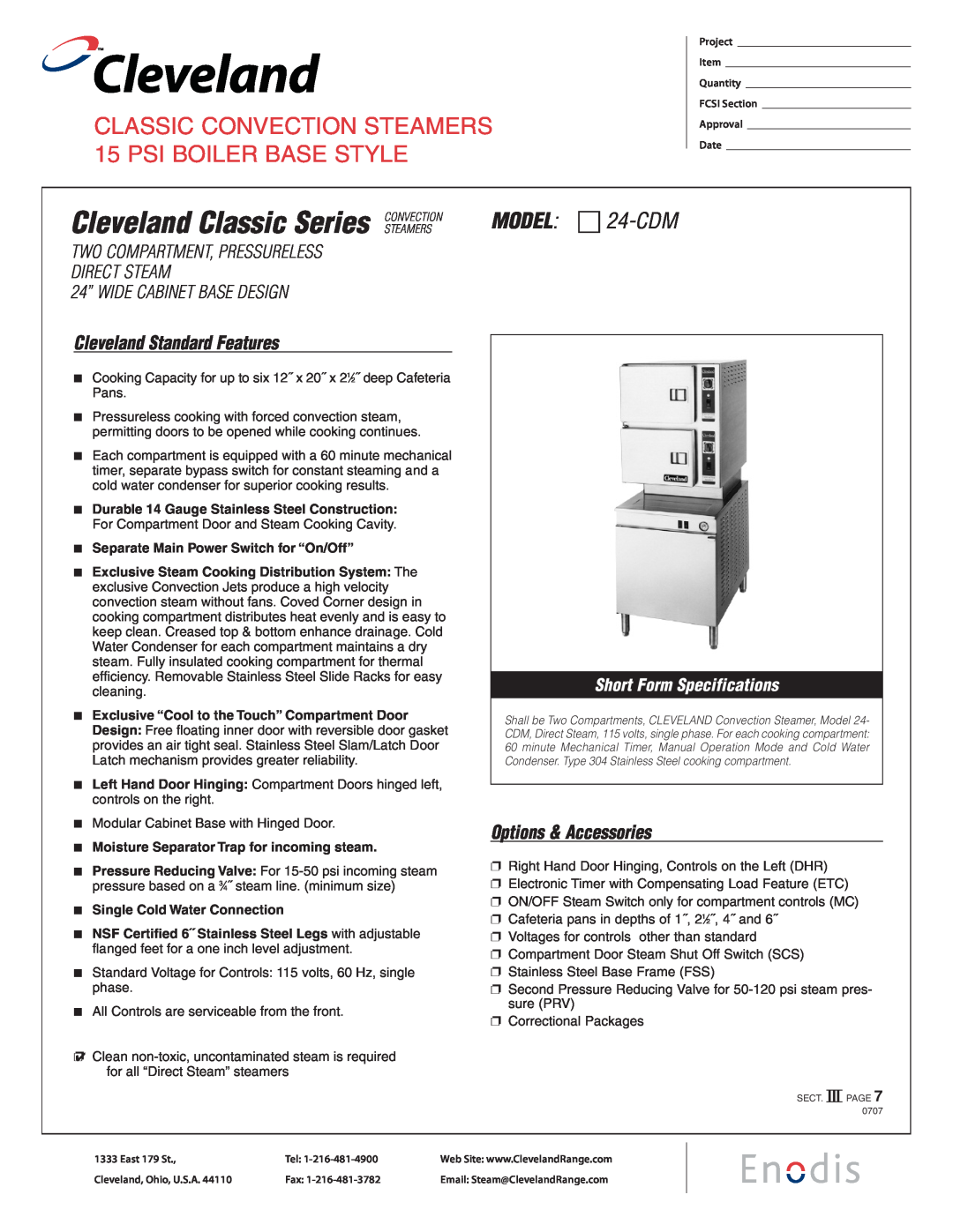 Cleveland Range 24-CDM specifications Cleveland Classic Series, CLASSIC CONVECTION STEAMERS 15 PSI BOILER BASE STYLE 