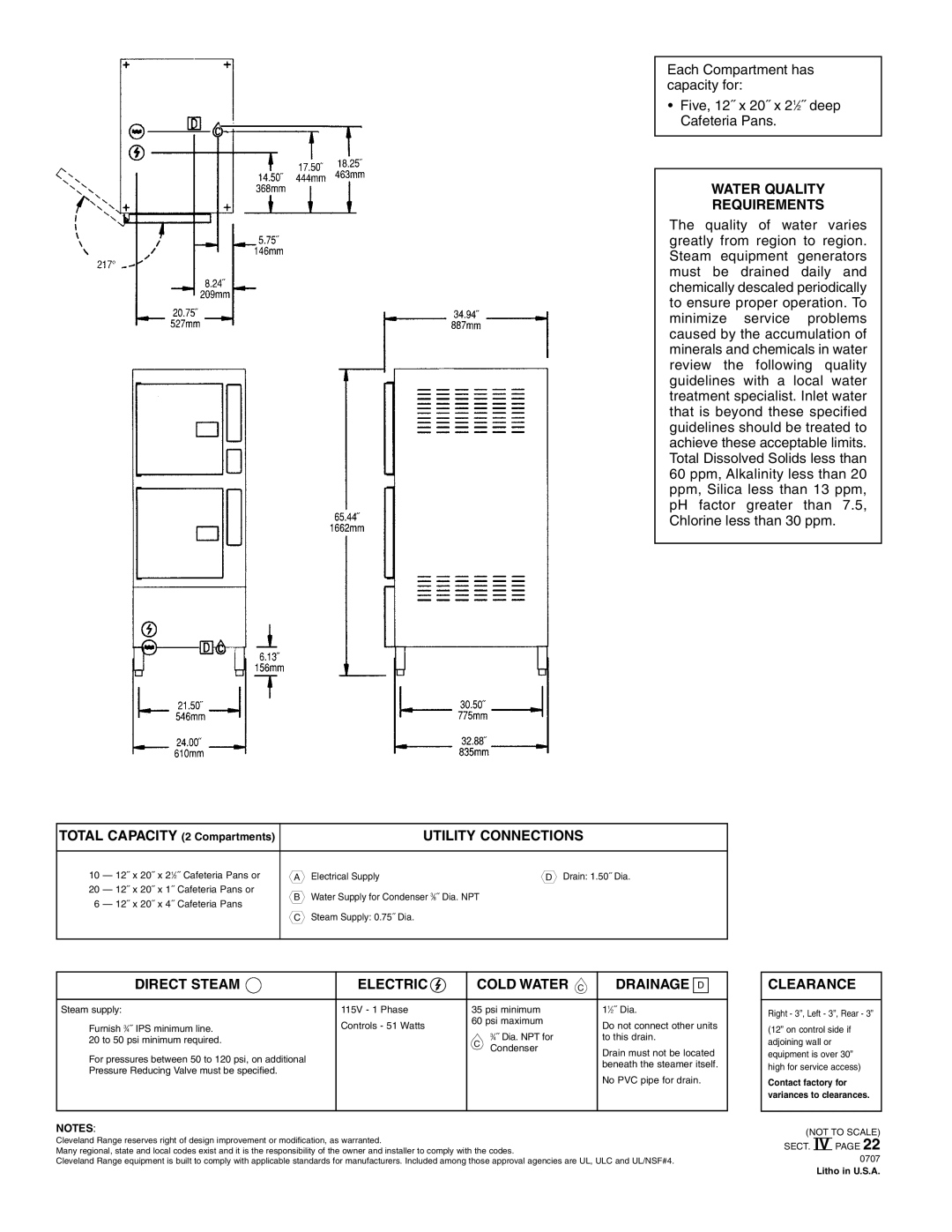 Cleveland Range 24-CDP-10 Water Quality Requirements, Utility Connections, Direct Steam Electric Cold Water C Drainage D 