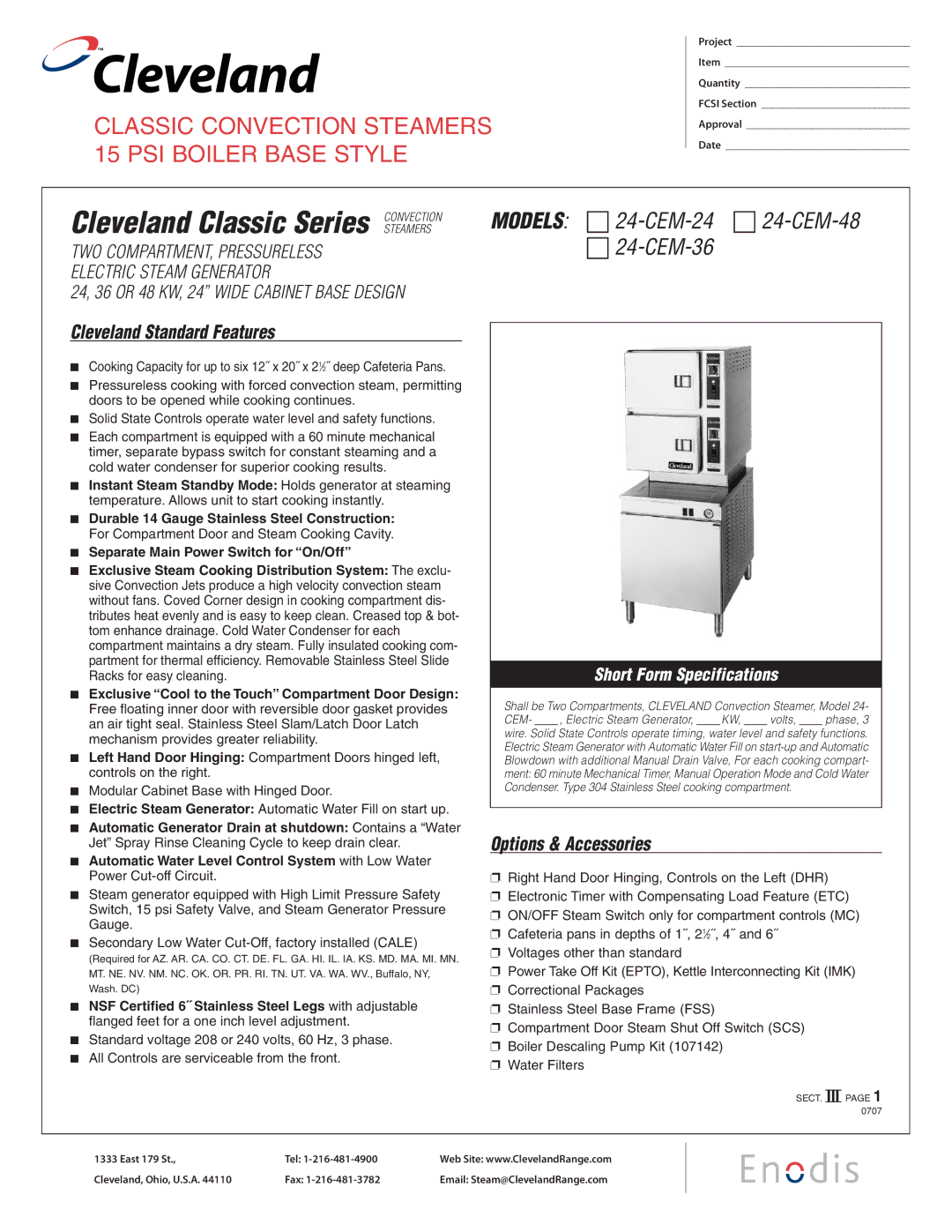 Cleveland Range 24-CEM-24, 24-CEM-48, 24-CEM-36 specifications Cleveland Standard Features, Options & Accessories 