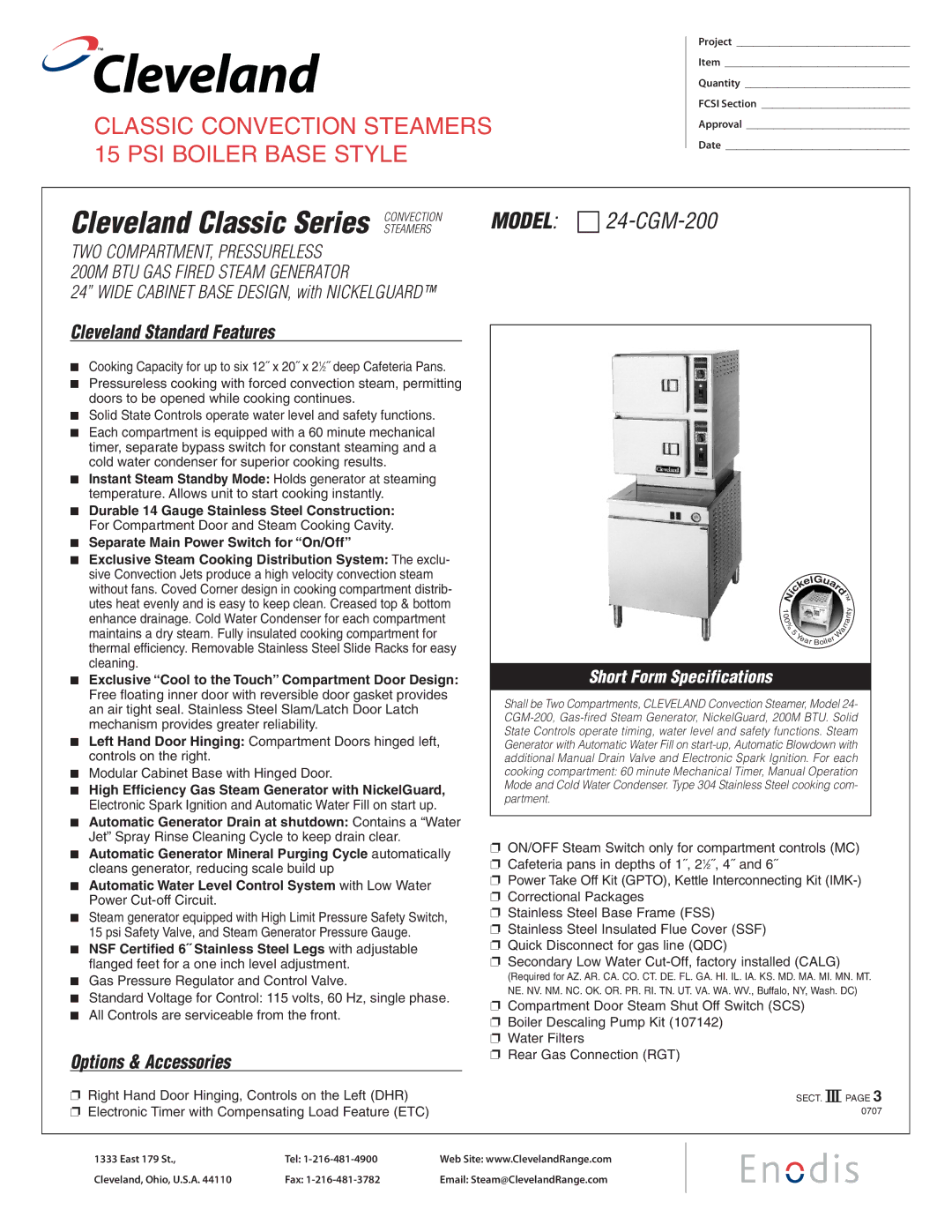 Cleveland Range 24-CGM-200 specifications Cleveland Standard Features, Options & Accessories 