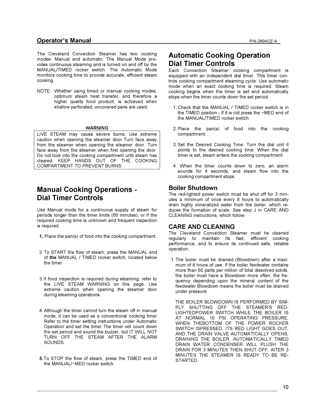 Cleveland Range 24/36CGM manual Manual Cooking Operations Dial Timer Controls, Boiler Shutdown, Care and Cleaning 