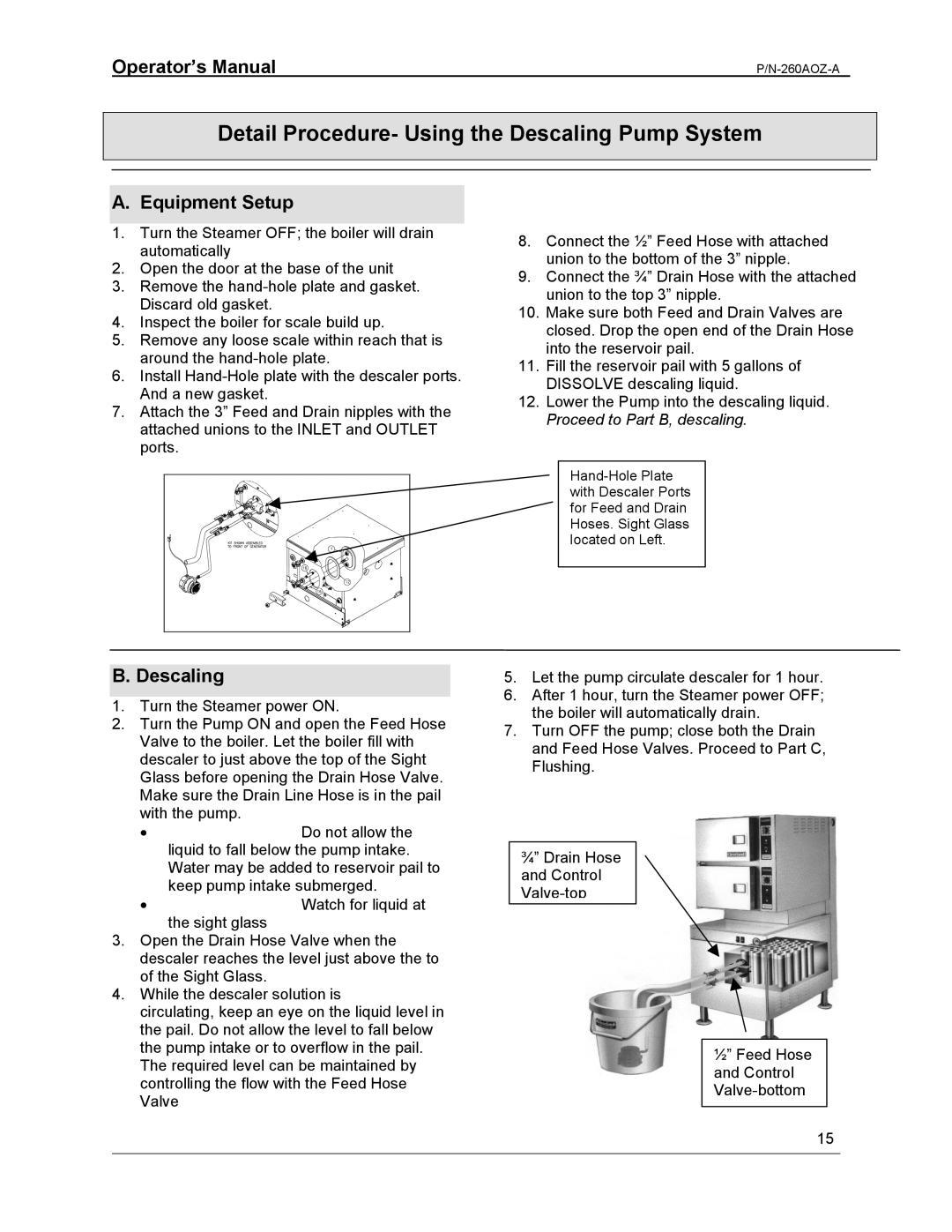 Cleveland Range 24/36CGM manual Detail Procedure- Using the Descaling Pump System, Equipment Setup 