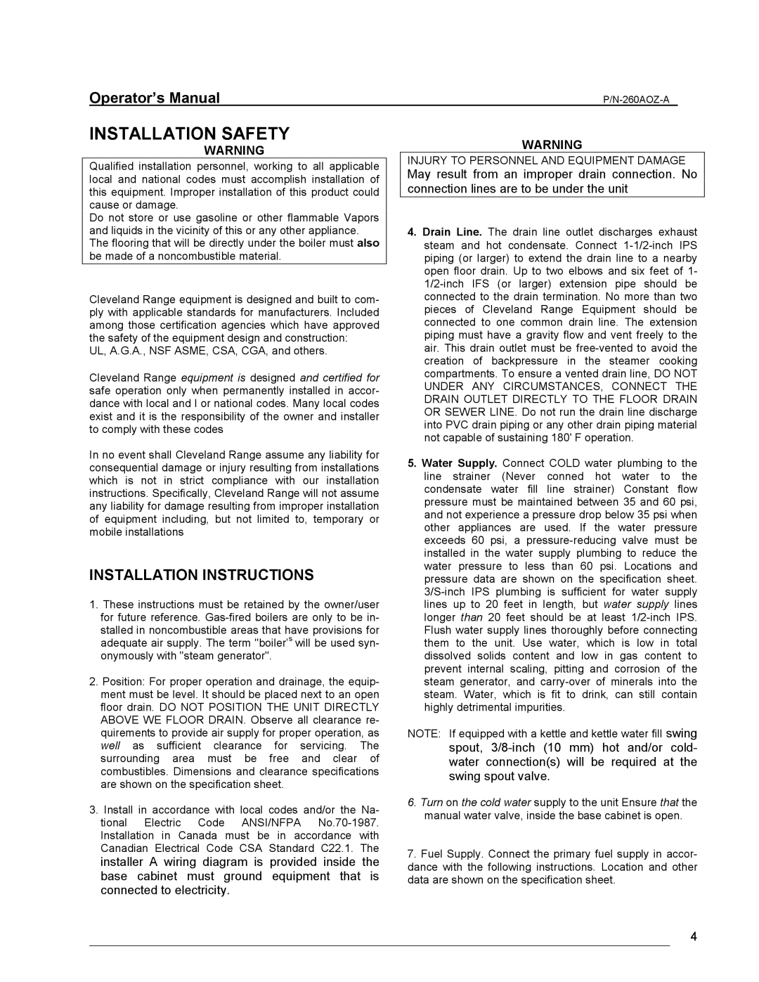 Cleveland Range 24/36CGM manual Installation Safety, Installation Instructions 