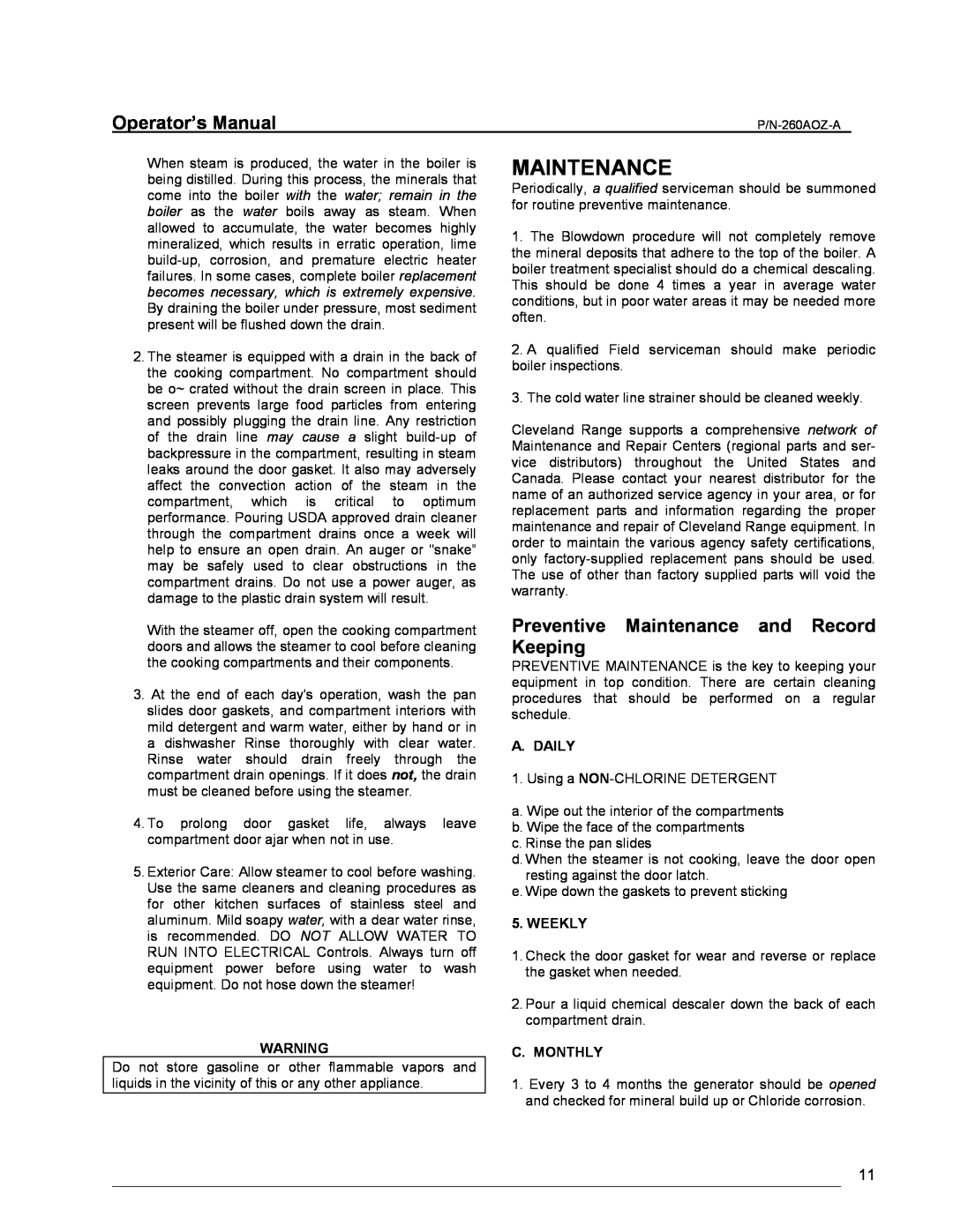 Cleveland Range 24/36CGM Preventive Maintenance and Record Keeping, Operator’s Manual, A. Daily, Weekly, C. Monthly 