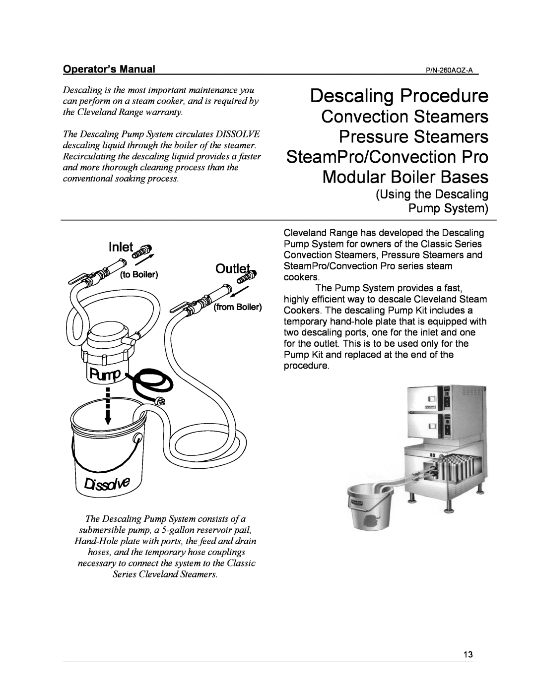 Cleveland Range 24/36CGM manual Using the Descaling Pump System, Descaling Procedure, Convection Steamers Pressure Steamers 