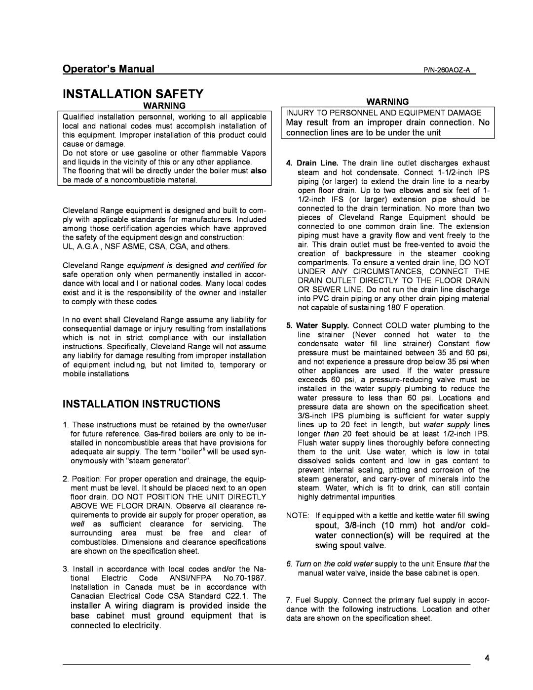 Cleveland Range 24/36CGM manual Installation Safety, Installation Instructions, Operator’s Manual 