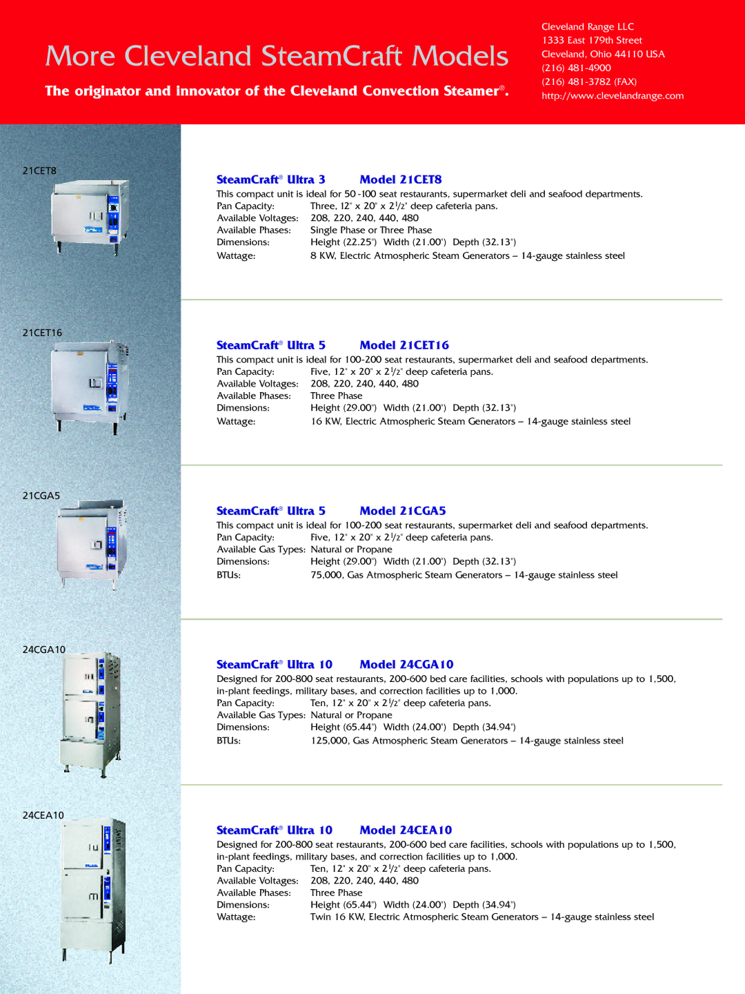 Cleveland Range 21CET8, 24CEA10, 21CET16, 21CGA5, 24CGA10 manual More Cleveland SteamCraft Models 