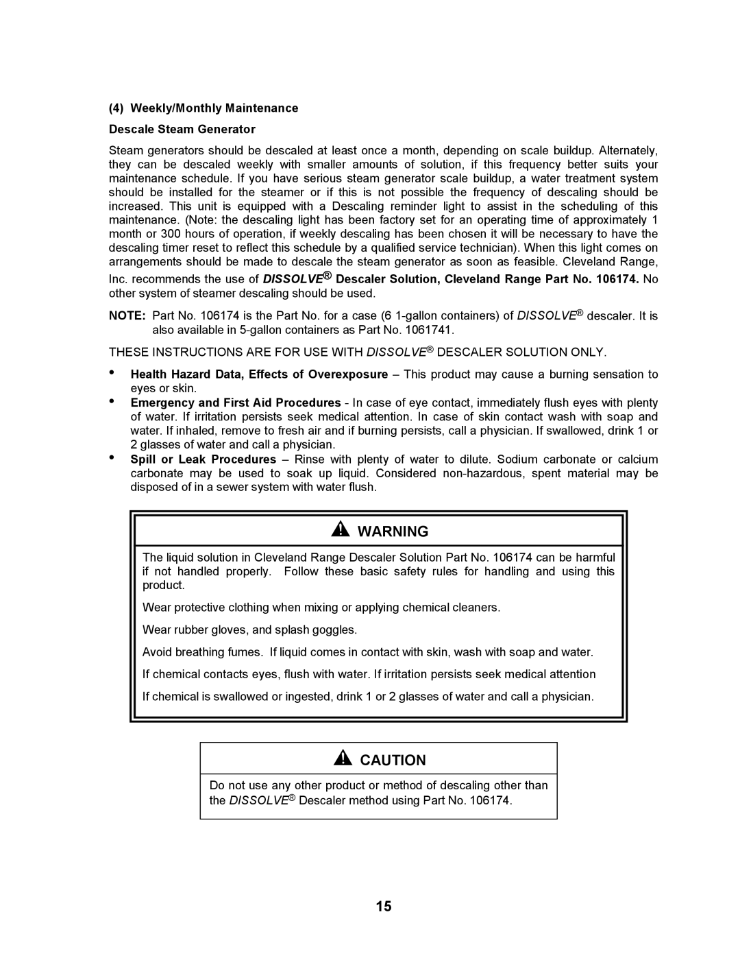 Cleveland Range 21CET8, 24CEA10, 21CET16 manual Weekly/Monthly Maintenance Descale Steam Generator 