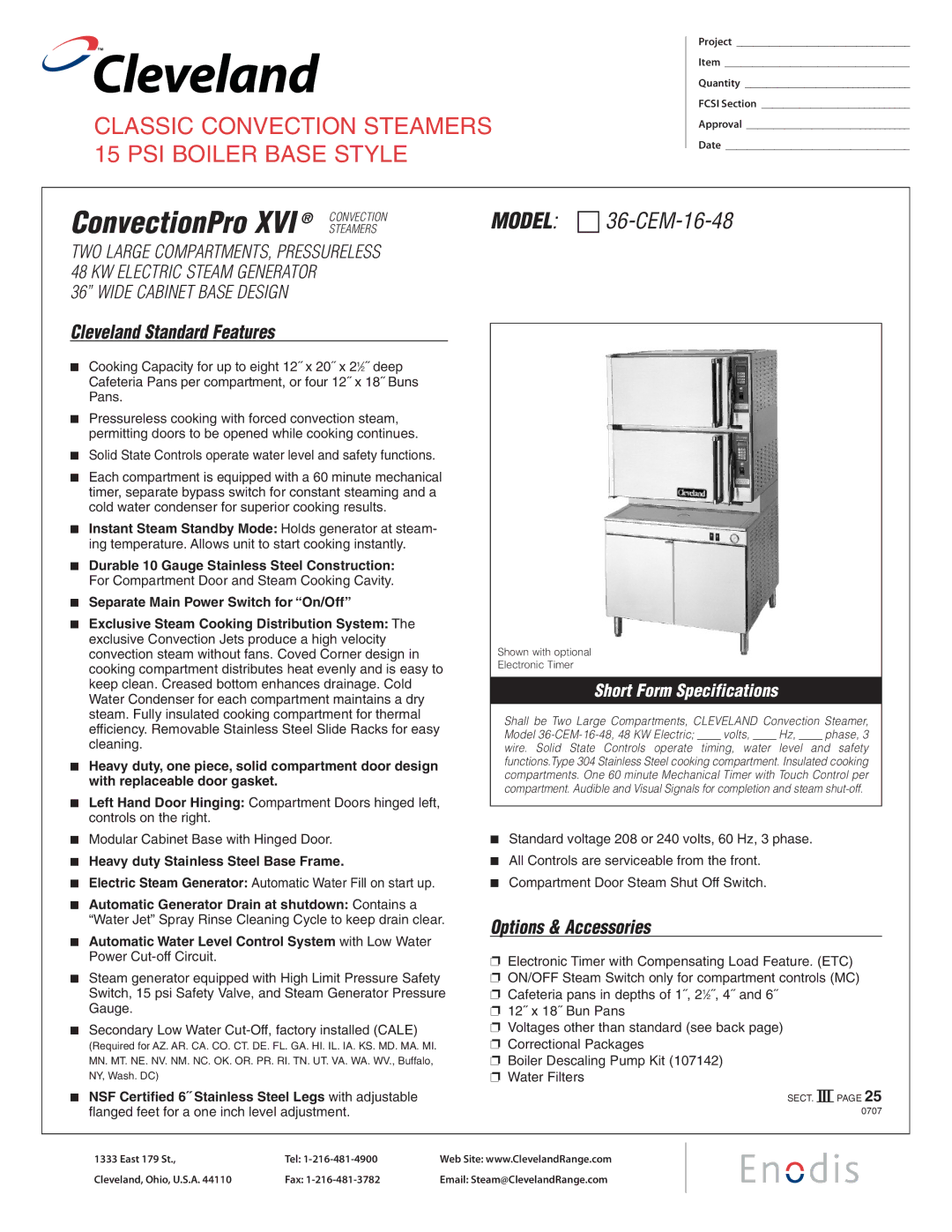 Cleveland Range 36-CEM-16-48 specifications Cleveland Standard Features, Options & Accessories 