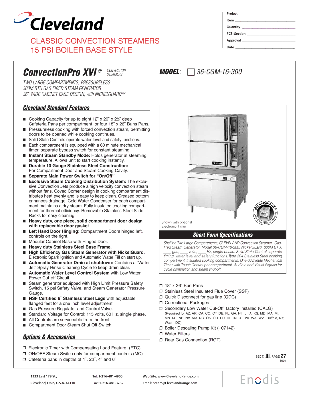 Cleveland Range 36-CGM-16-300 specifications Cleveland Standard Features, Options & Accessories 